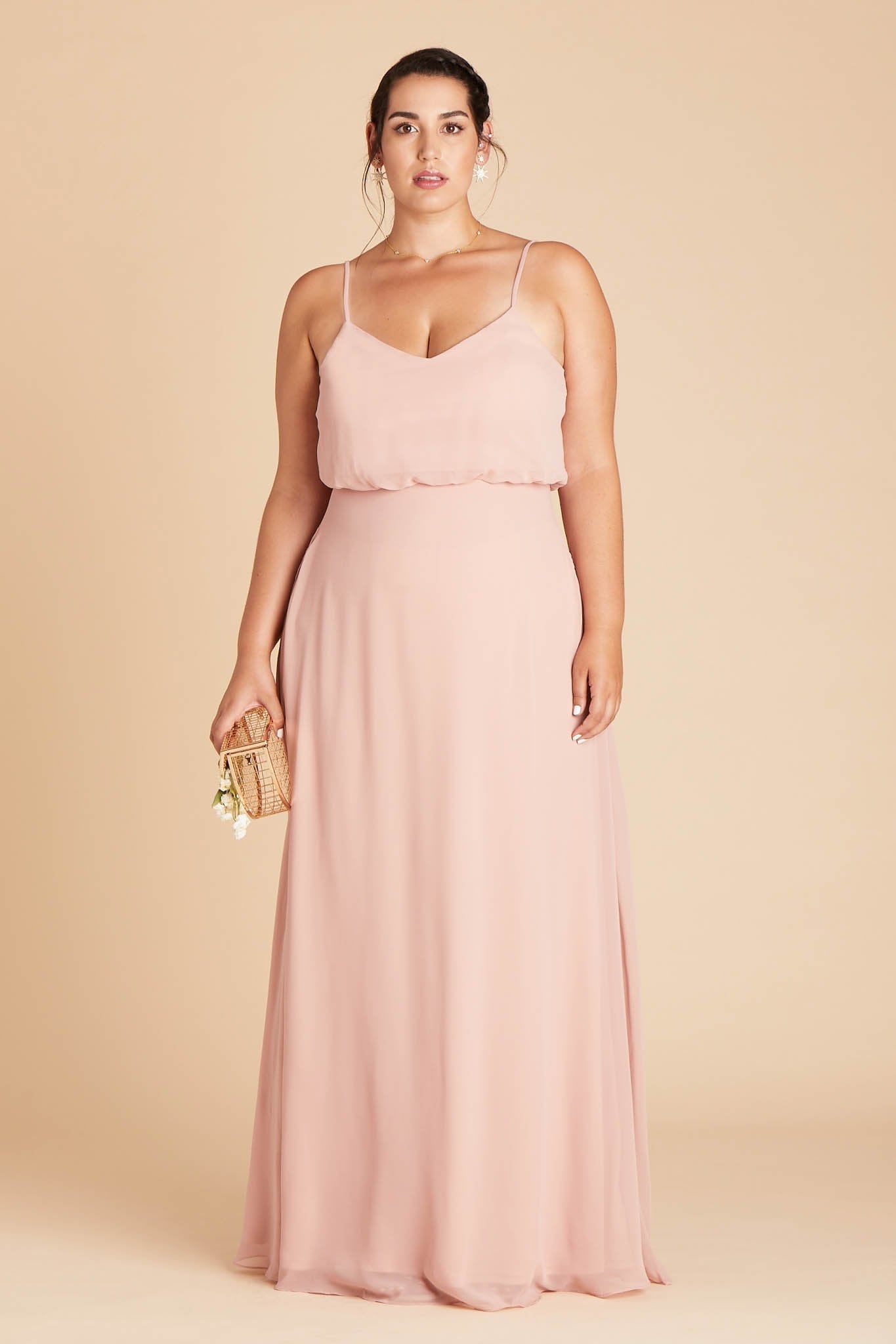 Gwennie plus size bridesmaid dress in dusty rose chiffon by Birdy Grey, front view