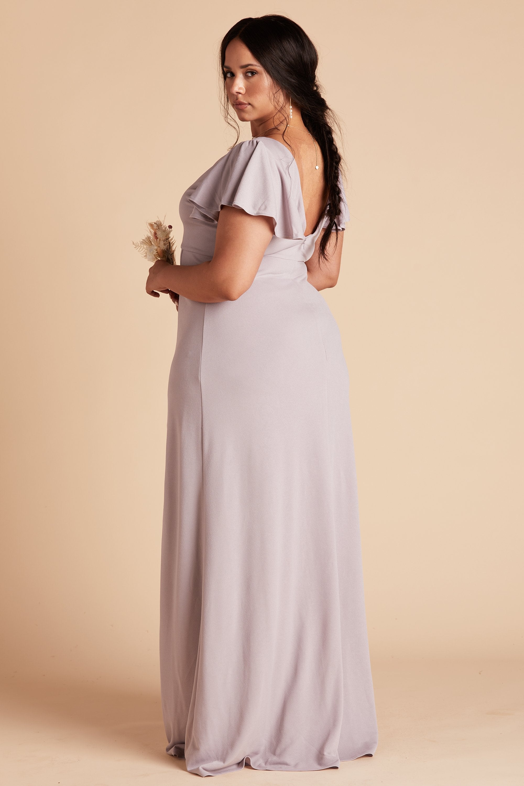 Hannah plus size bridesmaid dress with slit in lilac purple crepe by Birdy Grey, side view