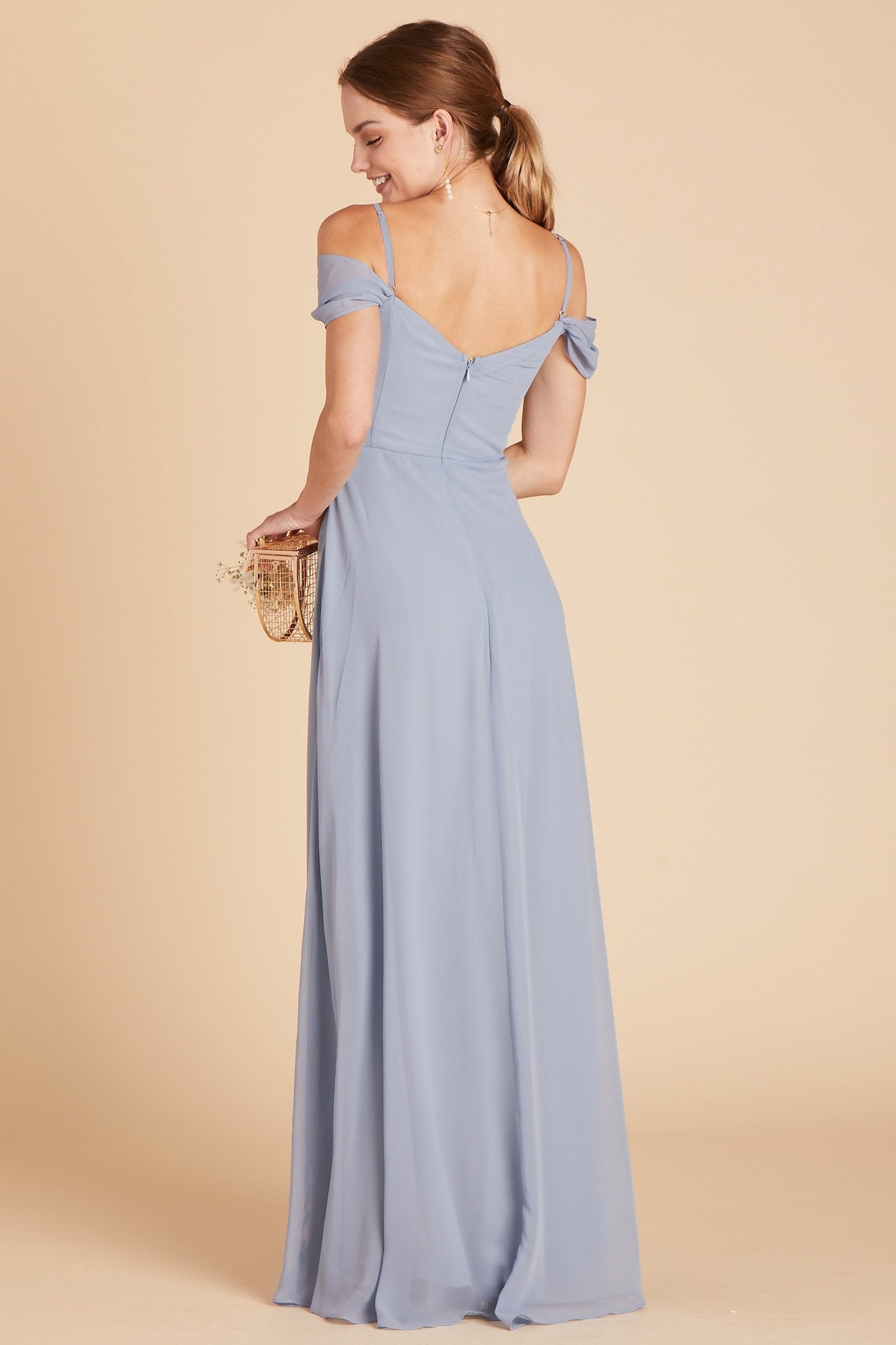 Spence convertible bridesmaid dress in dusty blue chiffon by Birdy Grey, back view