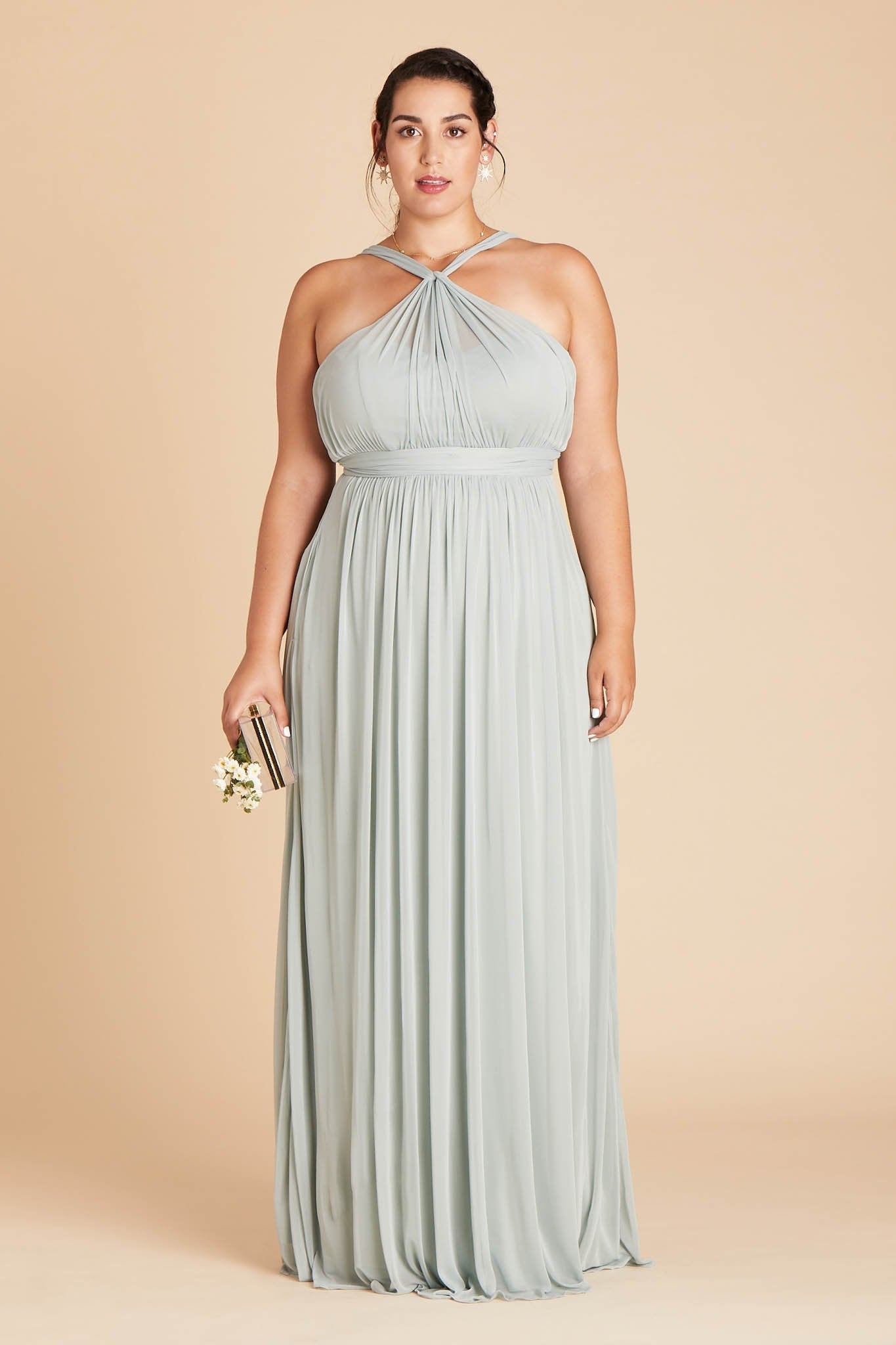 Kiko plus size bridesmaid dress in sage green chiffon by Birdy Grey, front view