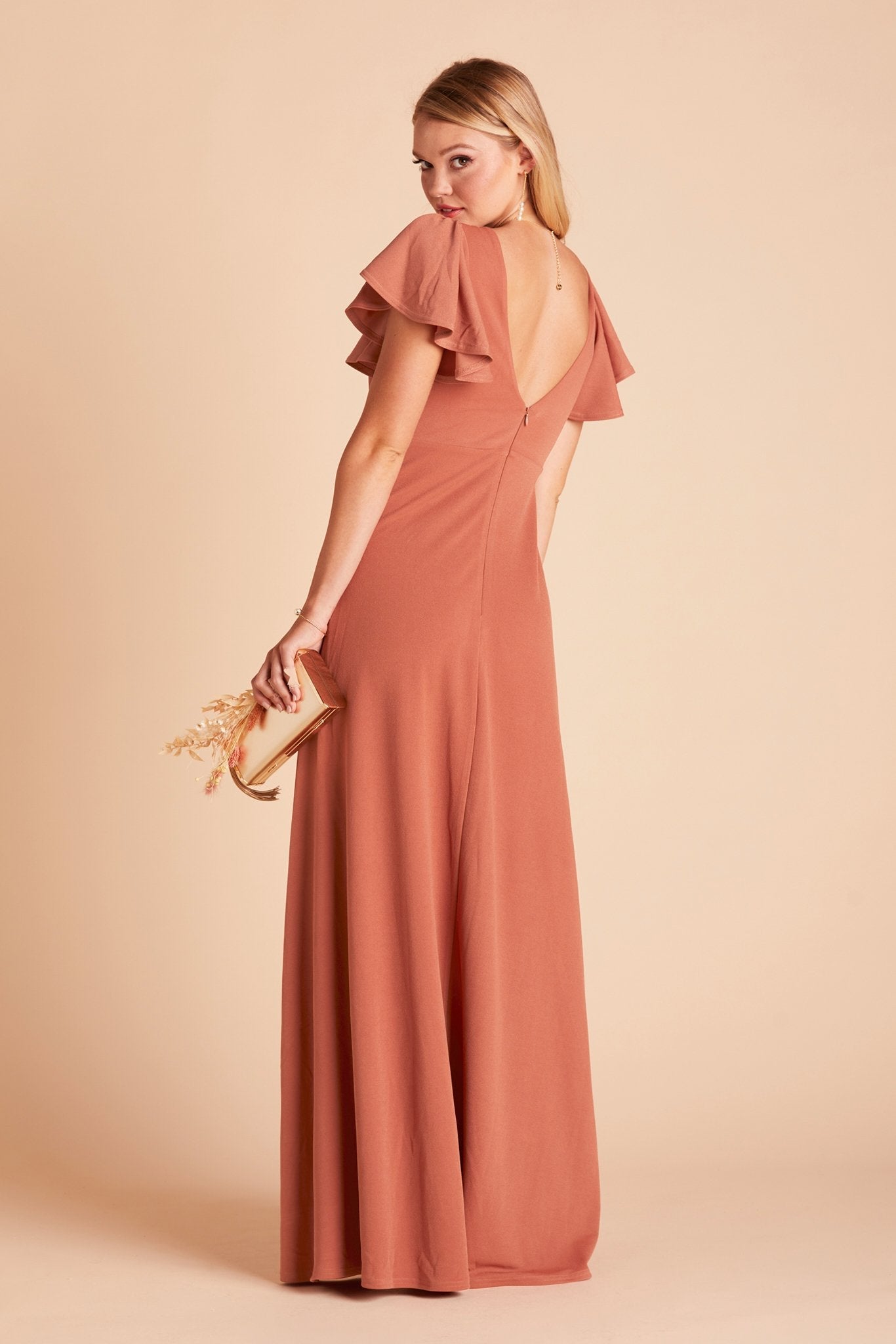 Hannah bridesmaid dress with slit in terracotta crepe by Birdy Grey, back view