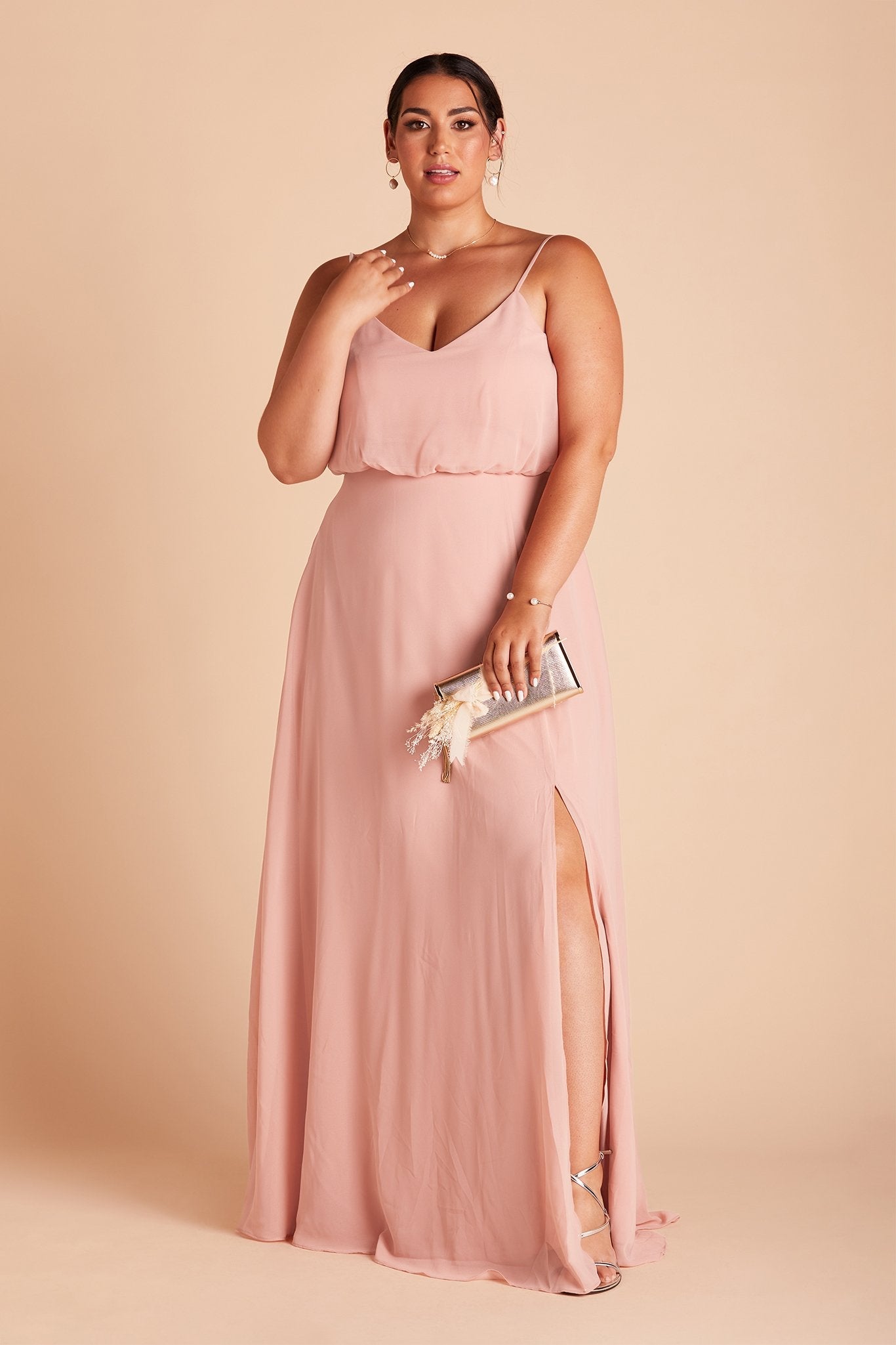 Gwennie plus size bridesmaid dress with slit in dusty rose chiffon by Birdy Grey, front view