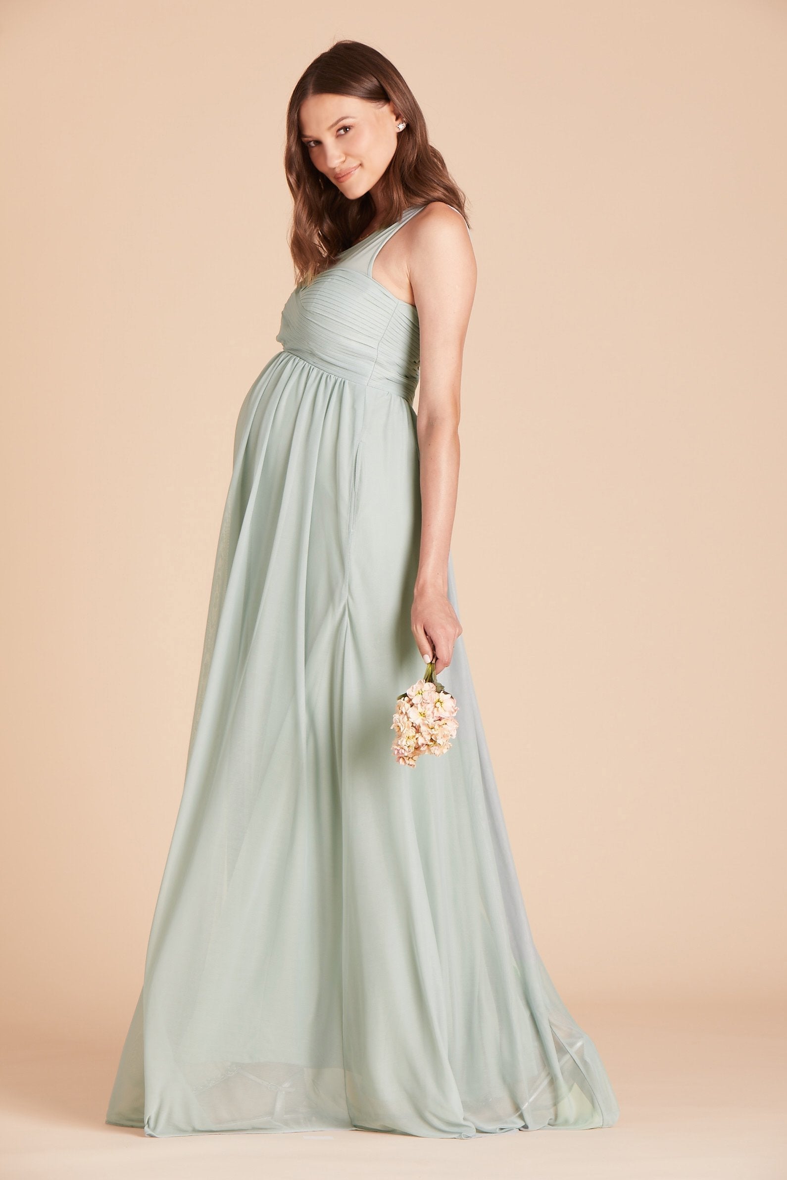 Ryan bridesmaid dress in sage green chiffon by Birdy Grey, side view