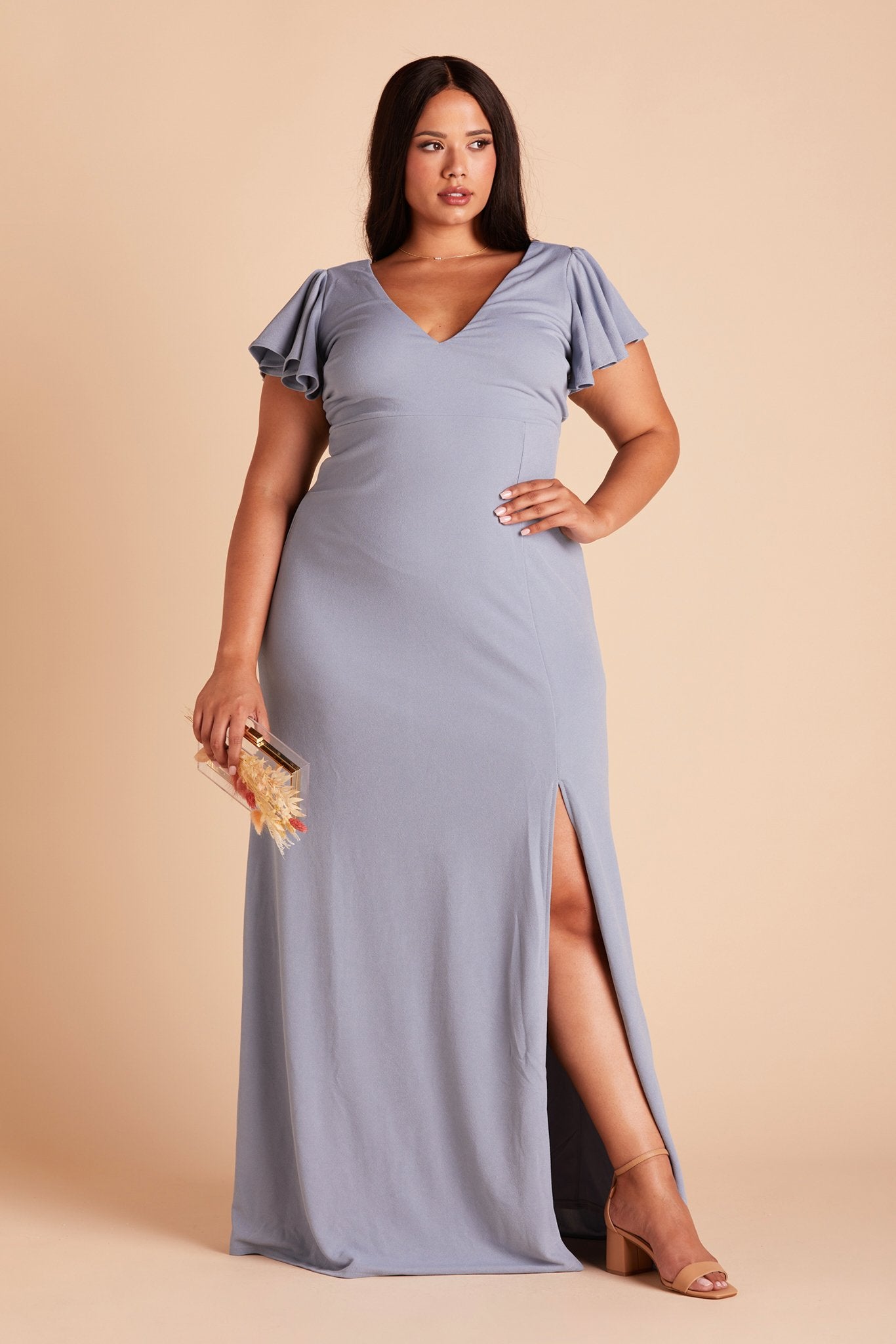 Hannah plus size bridesmaid dress with slit in dusty blue crepe by Birdy Grey, front view