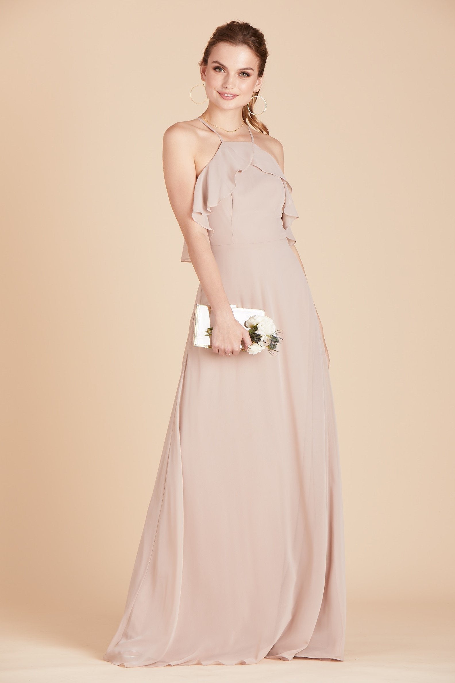 Jules bridesmaid dress in taupe chiffon by Birdy Grey, front view