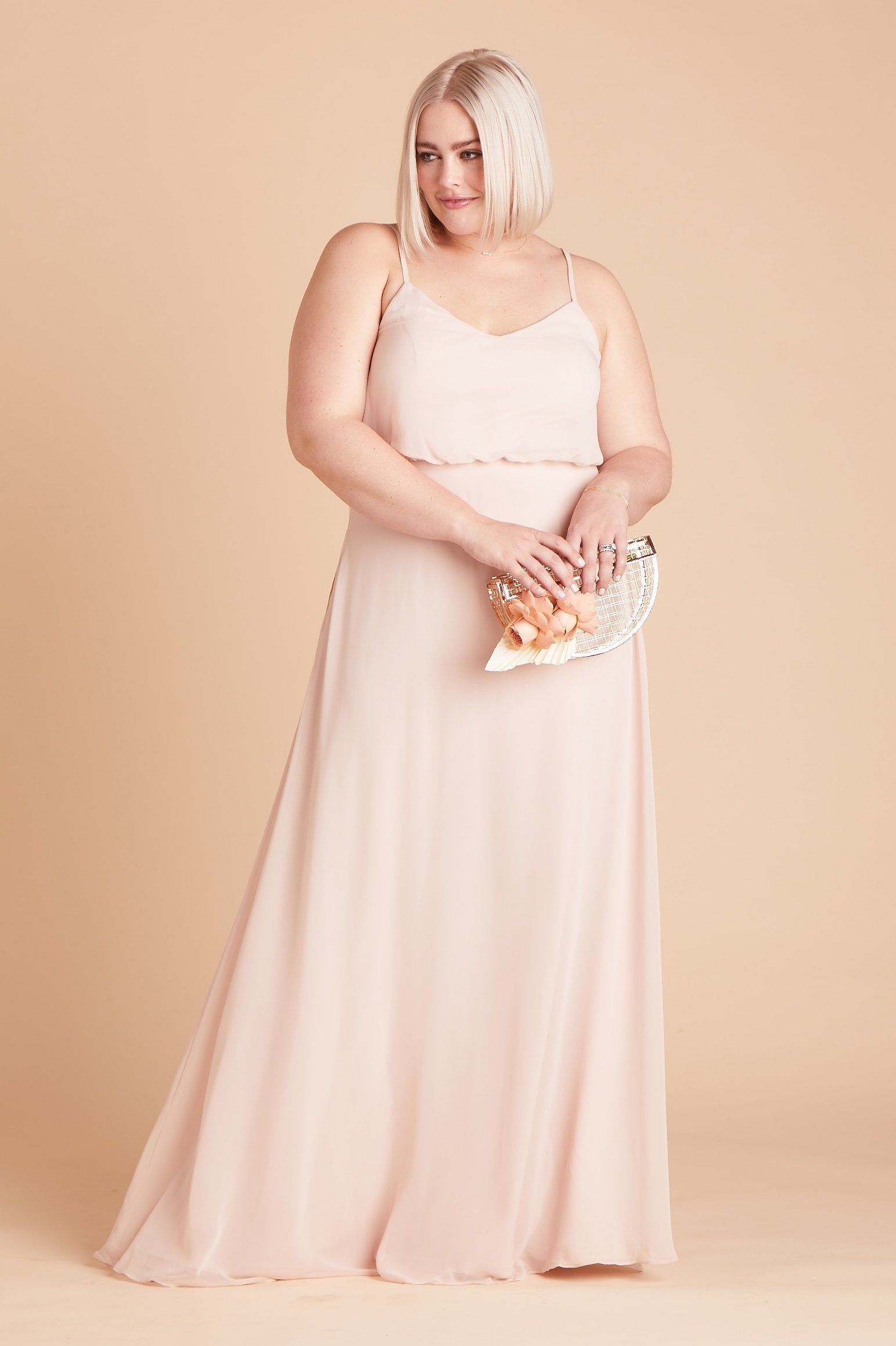 Gwennie plus size bridesmaid dress in pale blush chiffon by Birdy Grey, front view