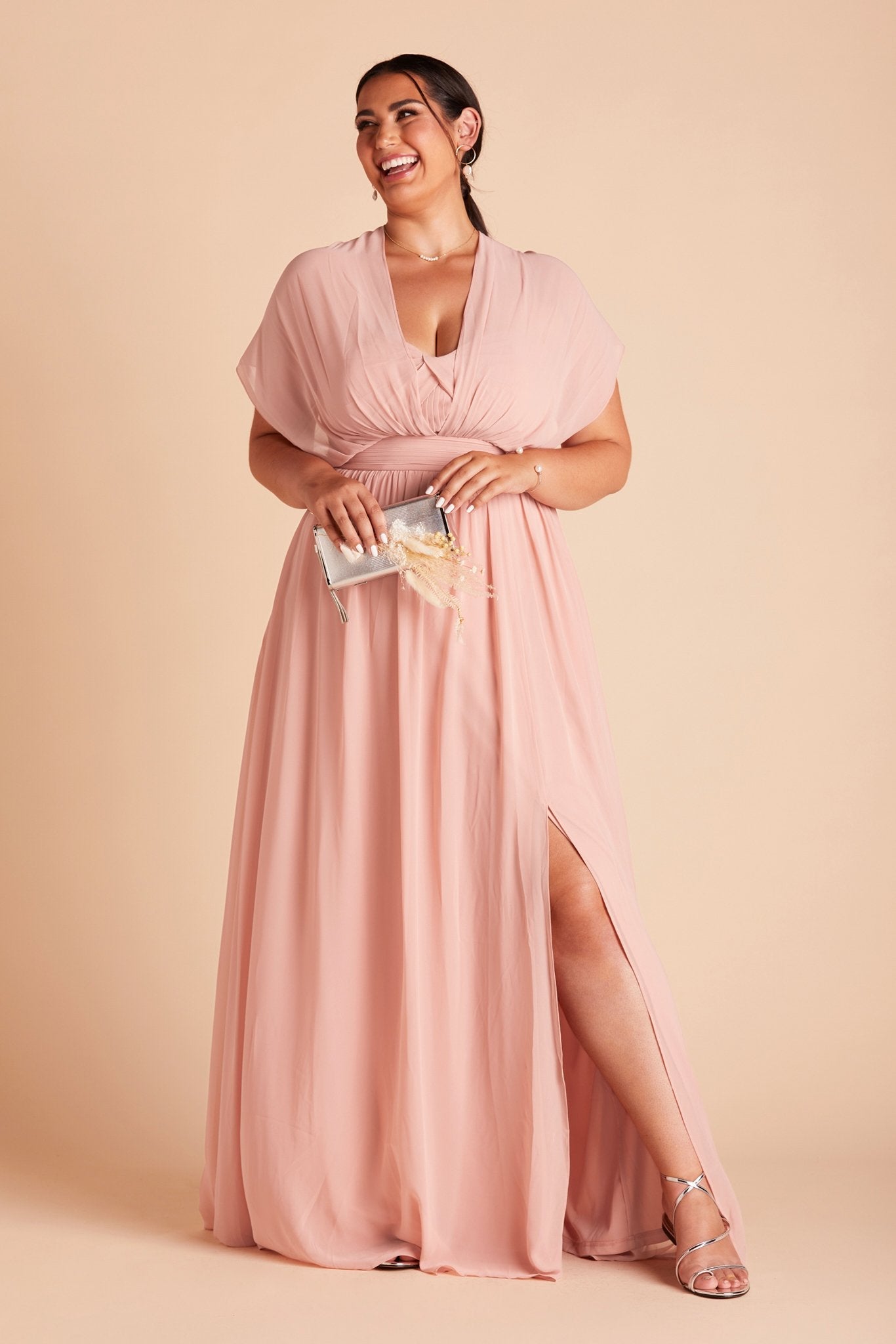 Grace convertible plus size bridesmaid dress with slit in rose quartz pink chiffon by Birdy Grey, front view