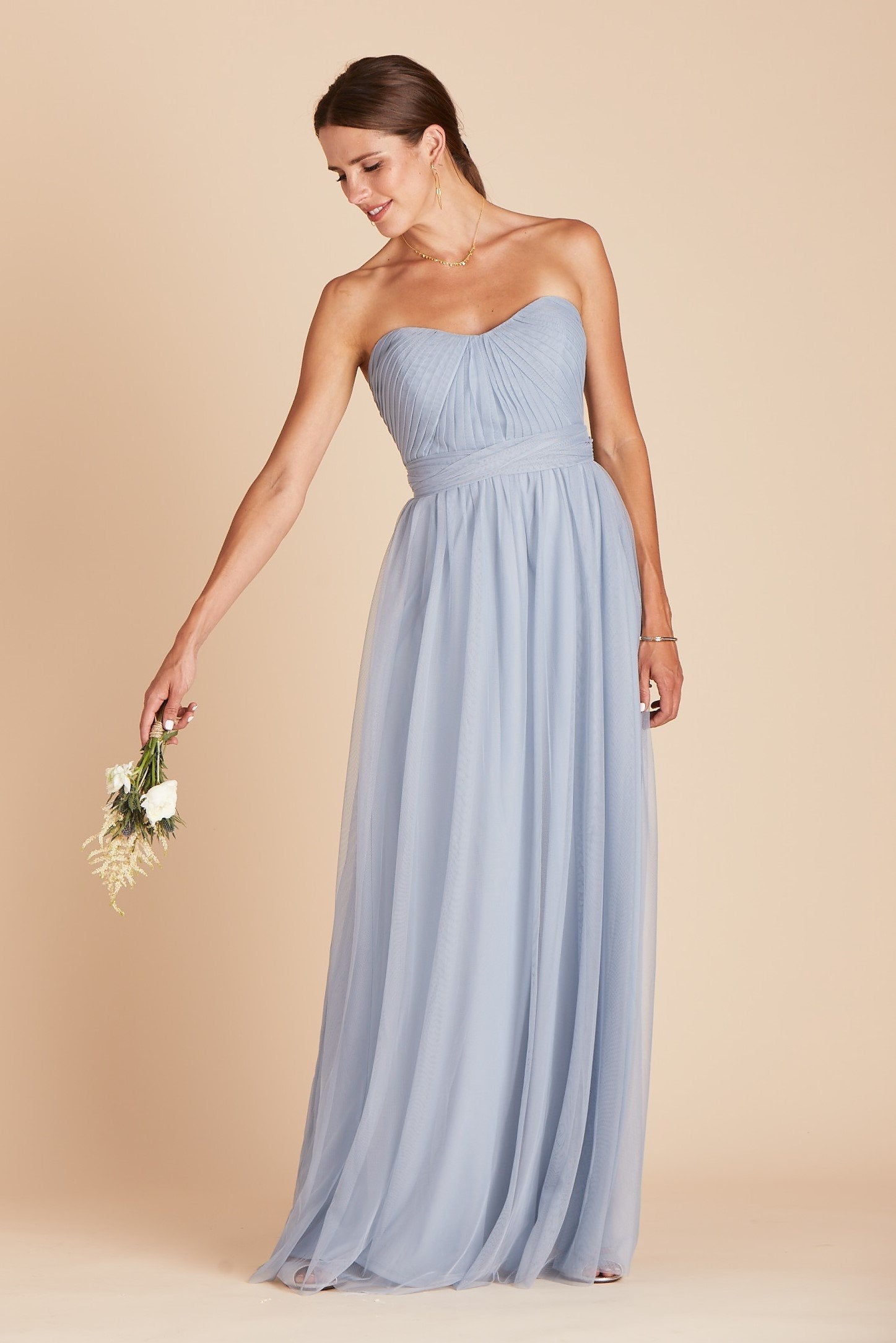 Christina convertible bridesmaid dress in dusty blue tulle by Birdy Grey, front view