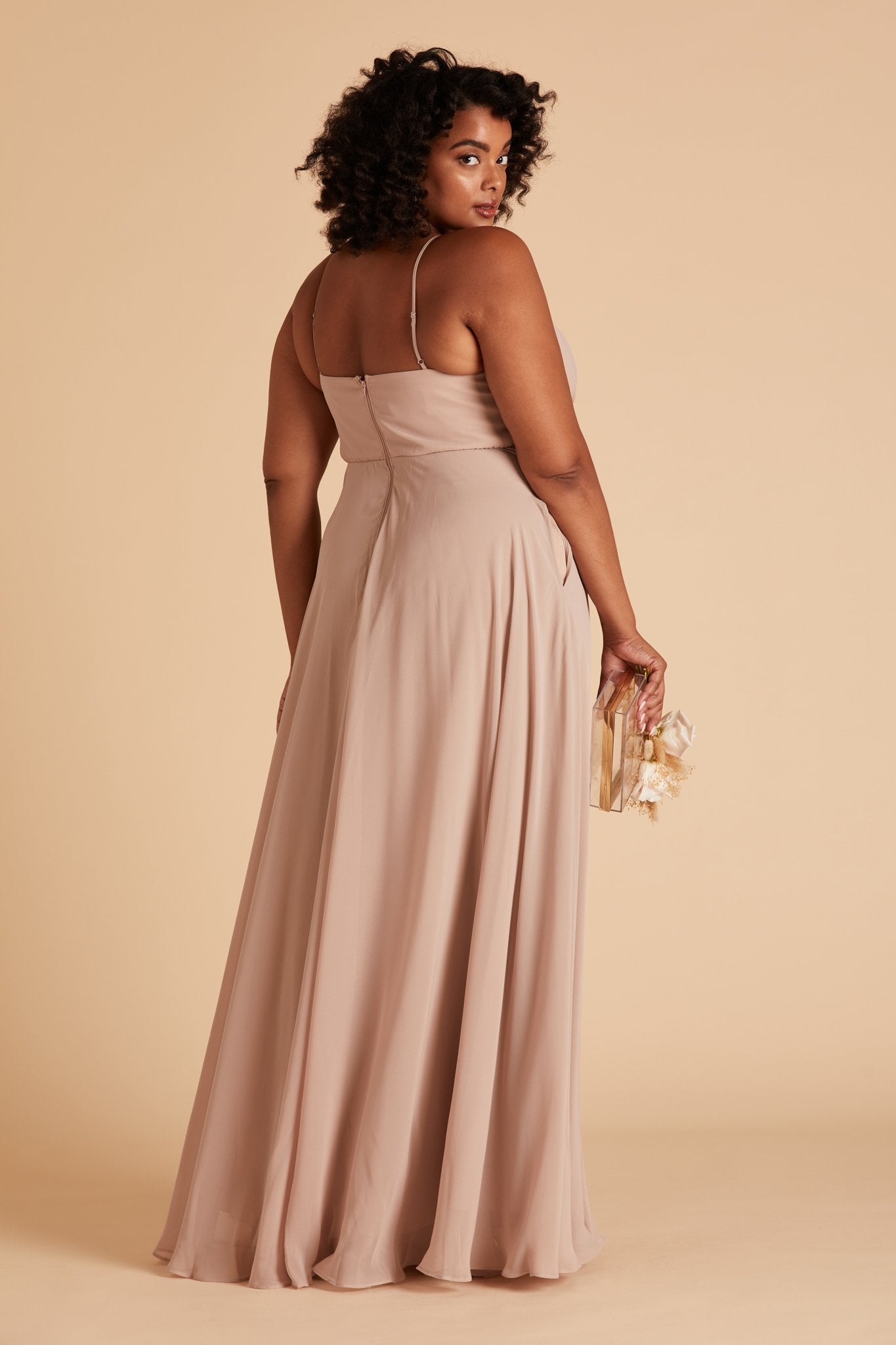 Kaia plus size bridesmaids dress in taupe chiffon by Birdy Grey, back view