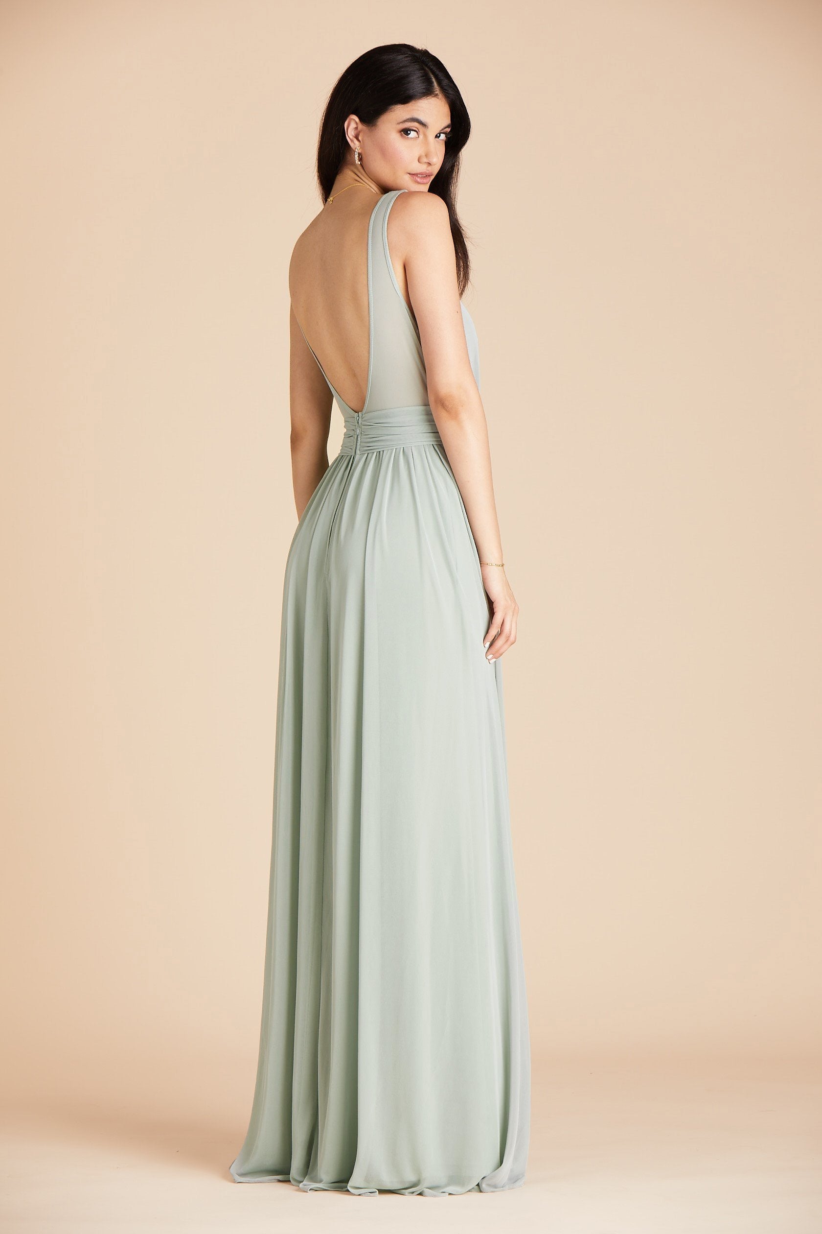 Jan bridesmaid dress in sage green mesh by Birdy Grey, side view