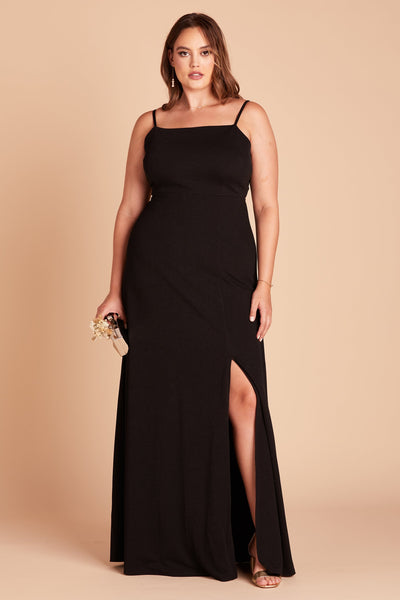 Benny plus size bridesmaid dress with slit in black crepe by Birdy Grey, front view