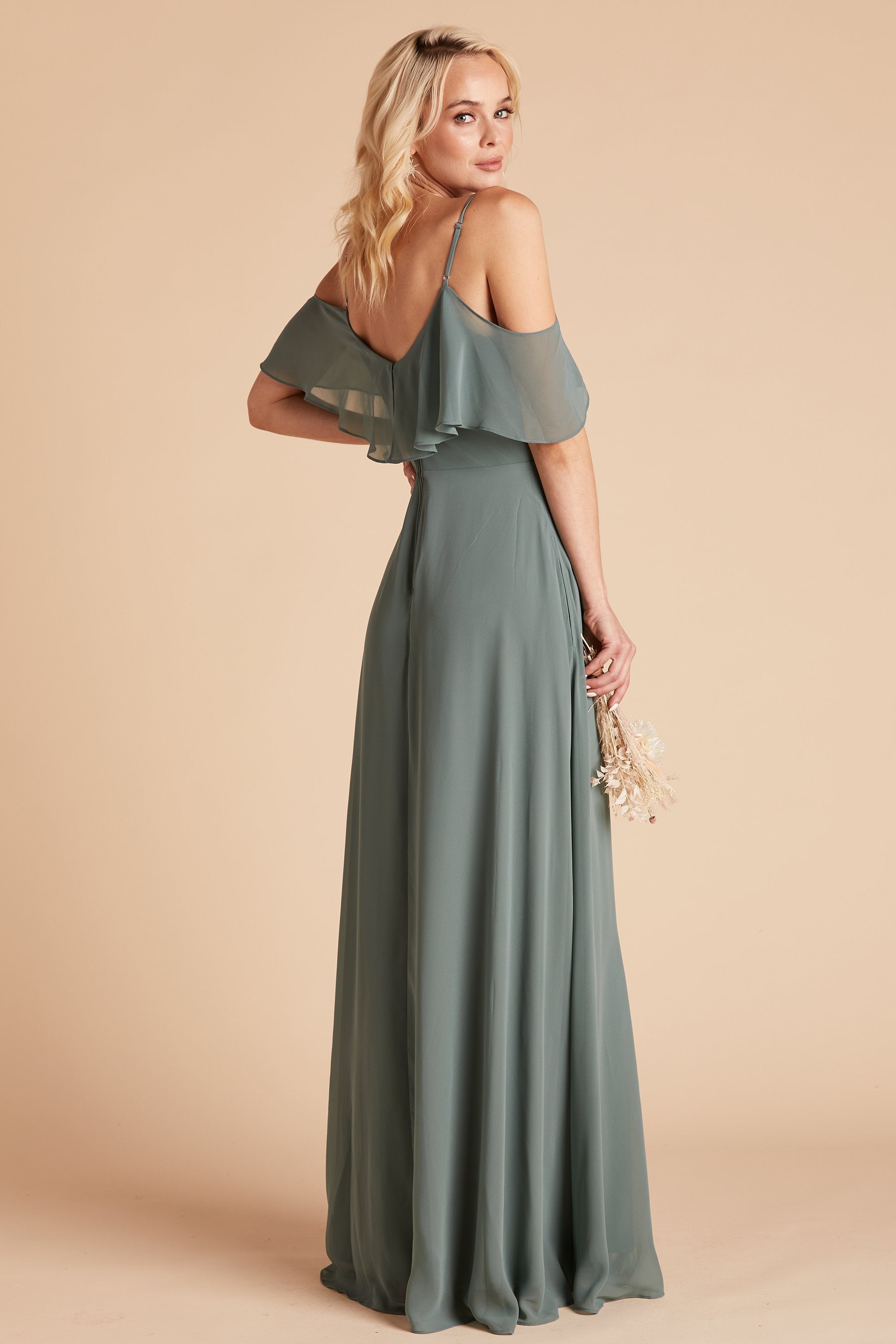 Jane convertible bridesmaid dress in sea glass green chiffon by Birdy Grey, back view