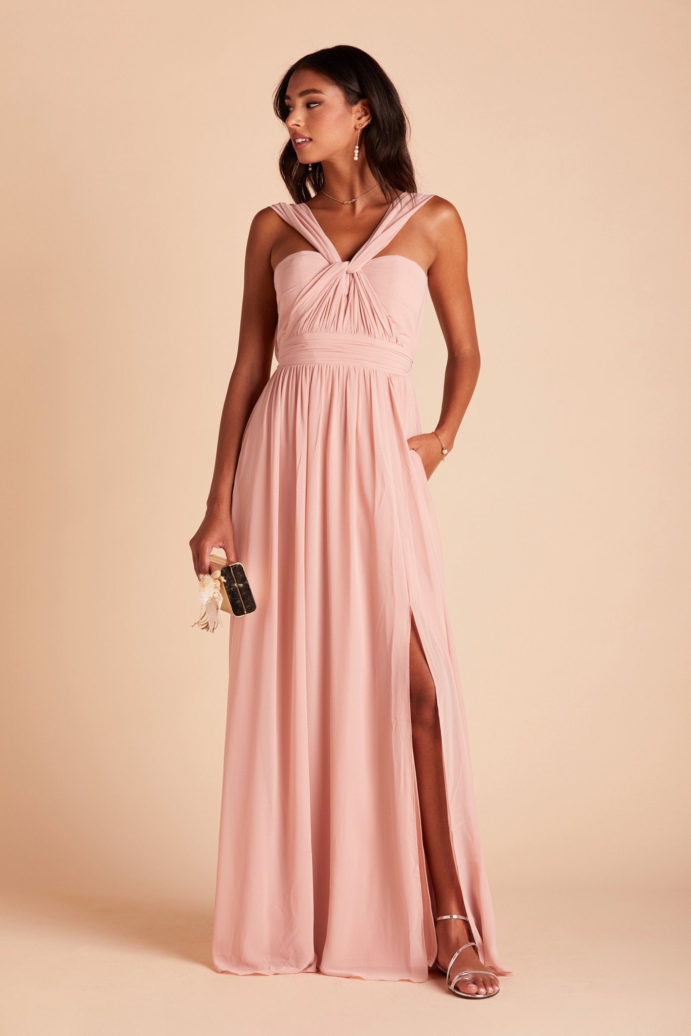 Grace convertible bridesmaid dress with slit in rose quartz pink chiffon by Birdy Grey, front view