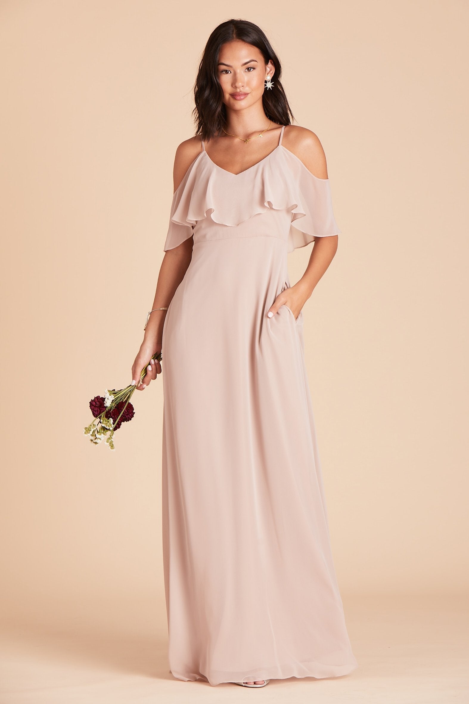 Jane convertible bridesmaid dress with slit in taupe chiffon by Birdy Grey, front view with hand in pocket