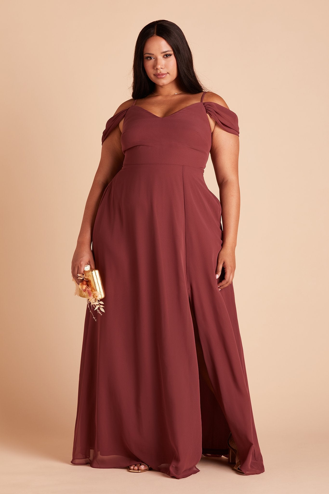 Devin convertible plus size bridesmaids dress with slit in rosewood chiffon by Birdy Grey, front view