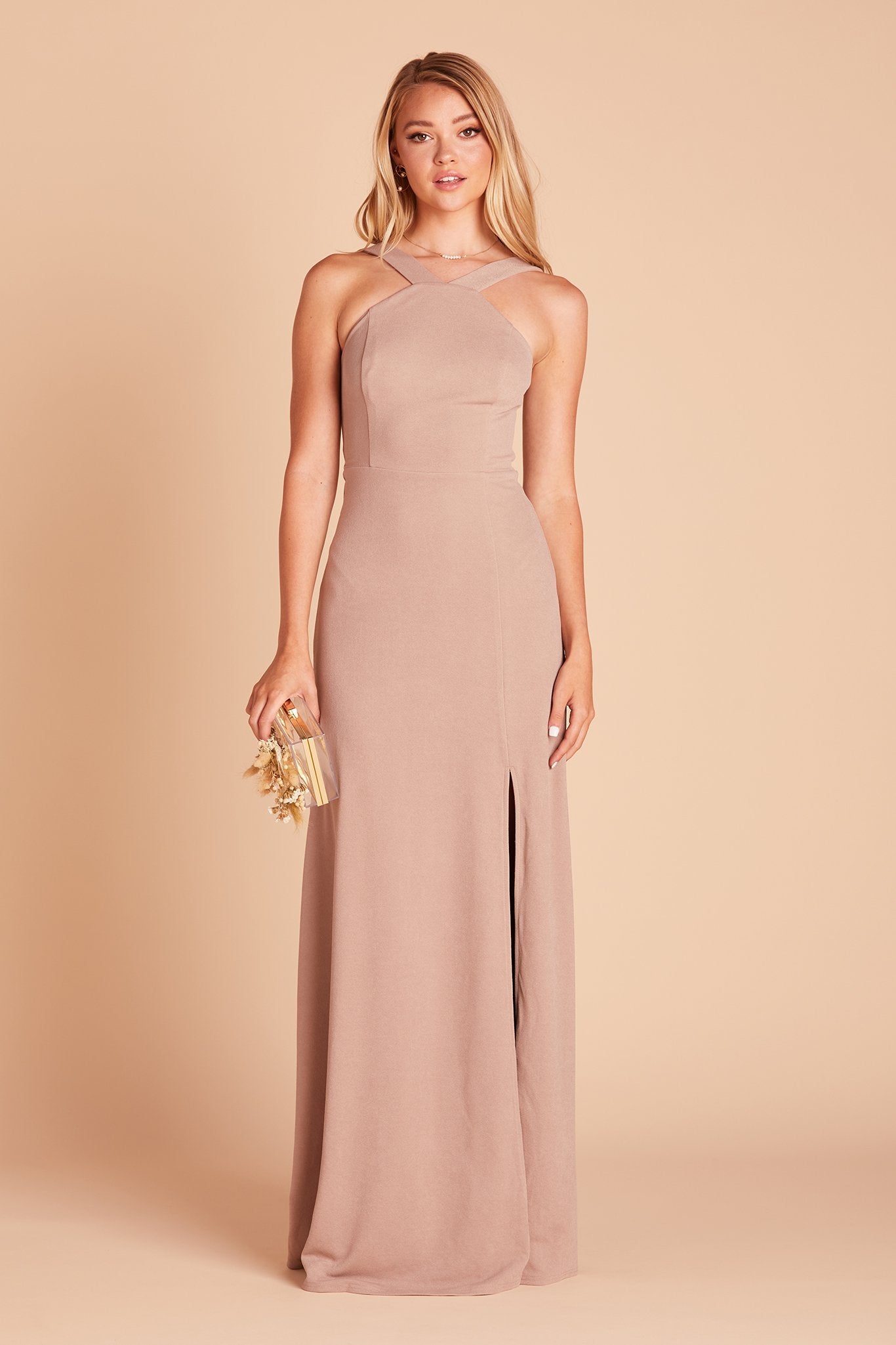 Gene bridesmaid dress with slit in taupe crepe by Birdy Grey, front view