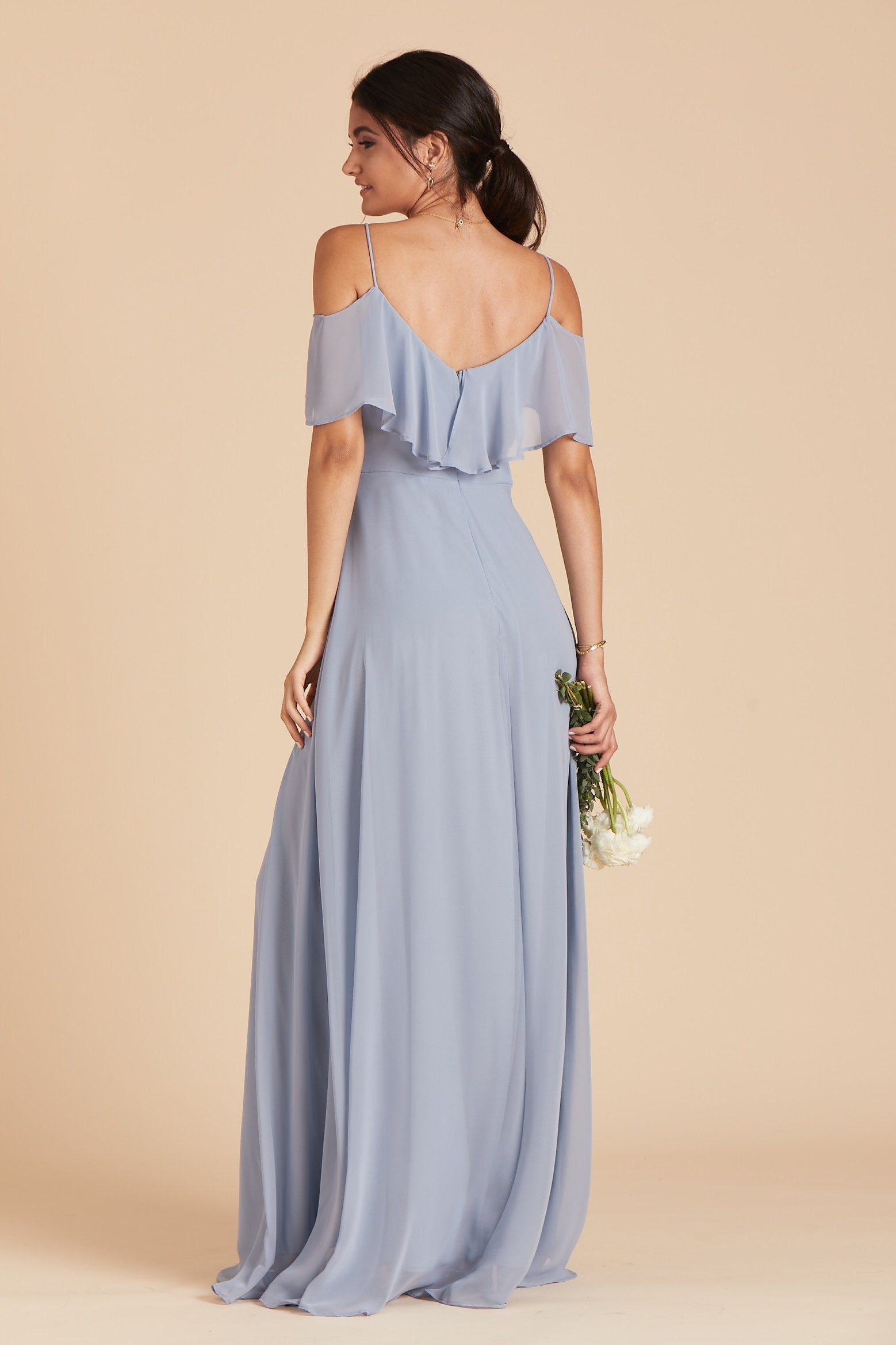 Jane convertible bridesmaid dress in dusty blue chiffon by Birdy Grey, back view