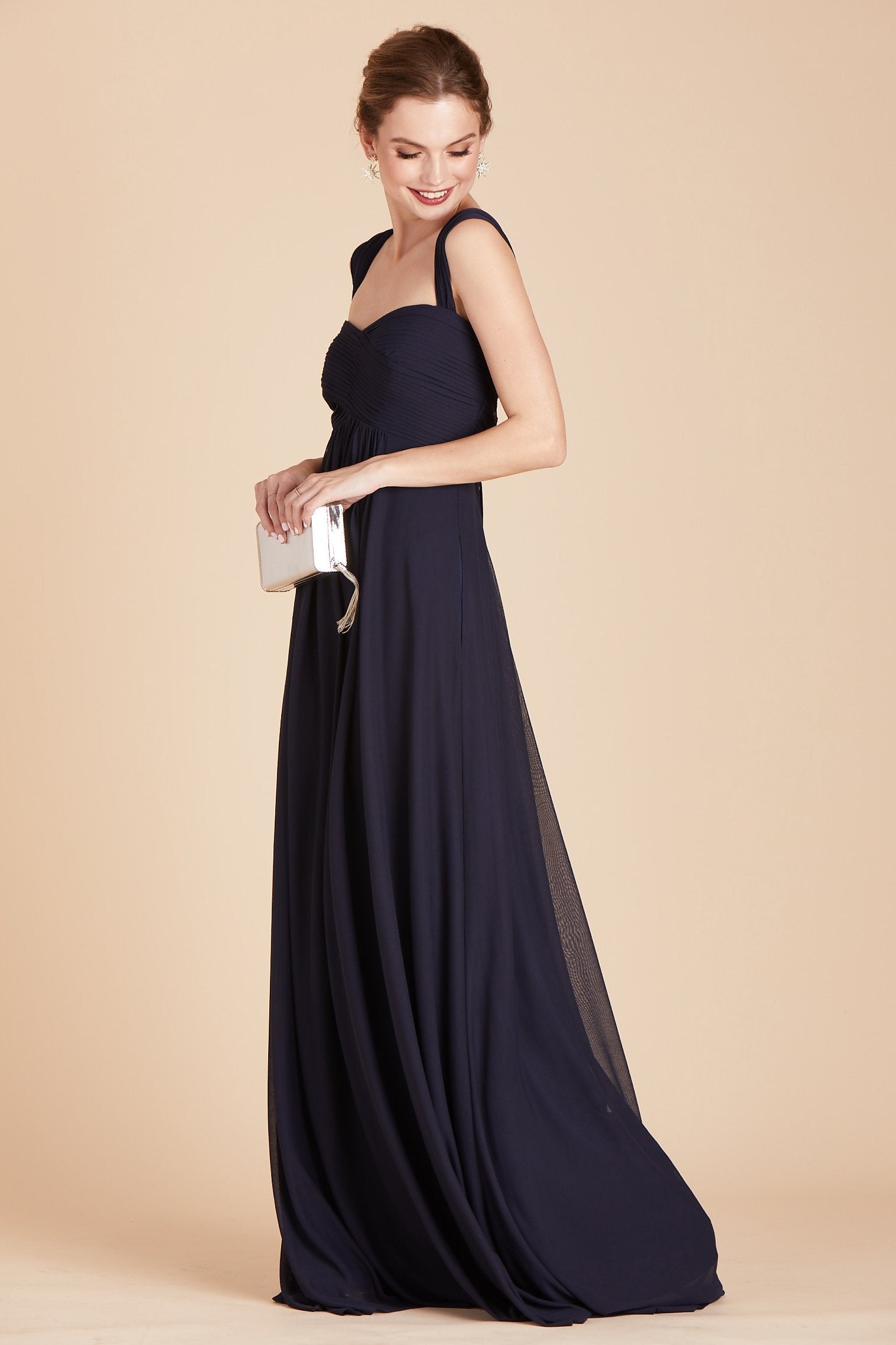 Maria convertible bridesmaids dress in navy blue chiffon by Birdy Grey, side view