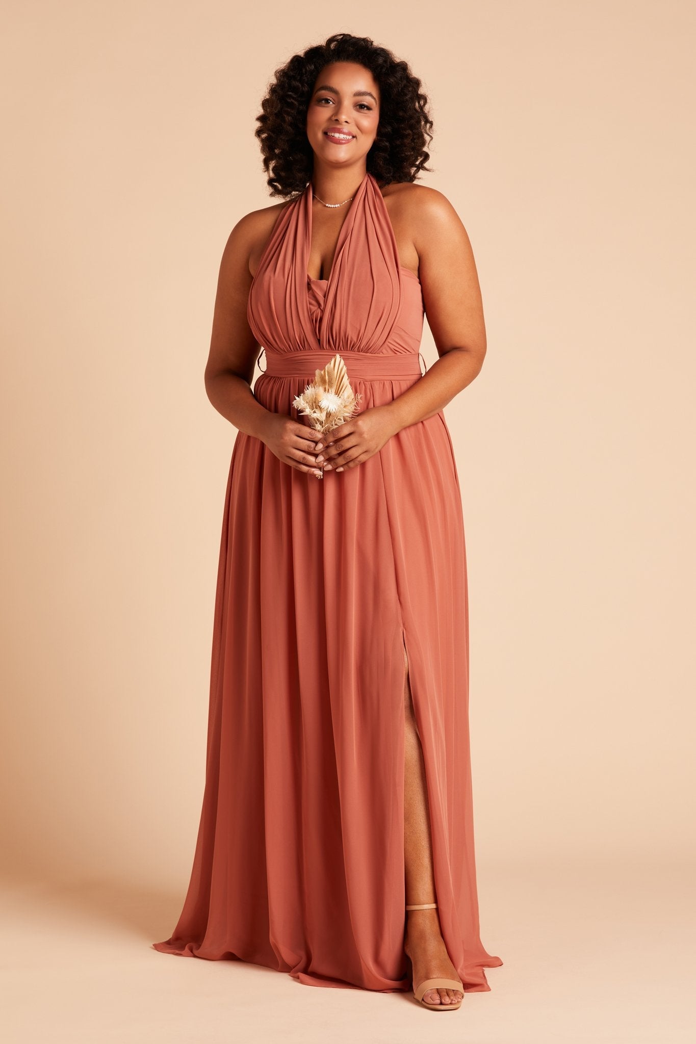 Grace convertible plus size bridesmaid dress with slit in terracotta orange chiffon by Birdy Grey, front view