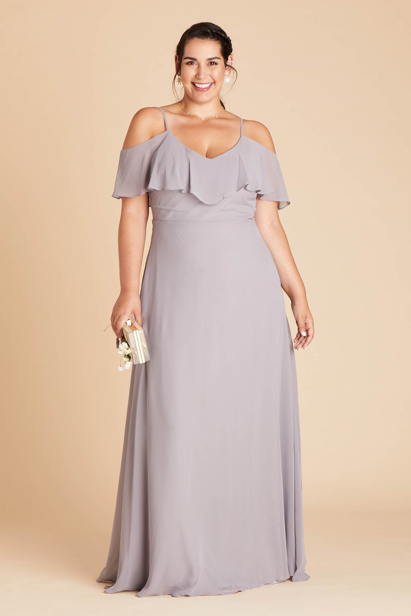 Jane convertible plus size bridesmaid dress in silver chiffon by Birdy Grey, front view