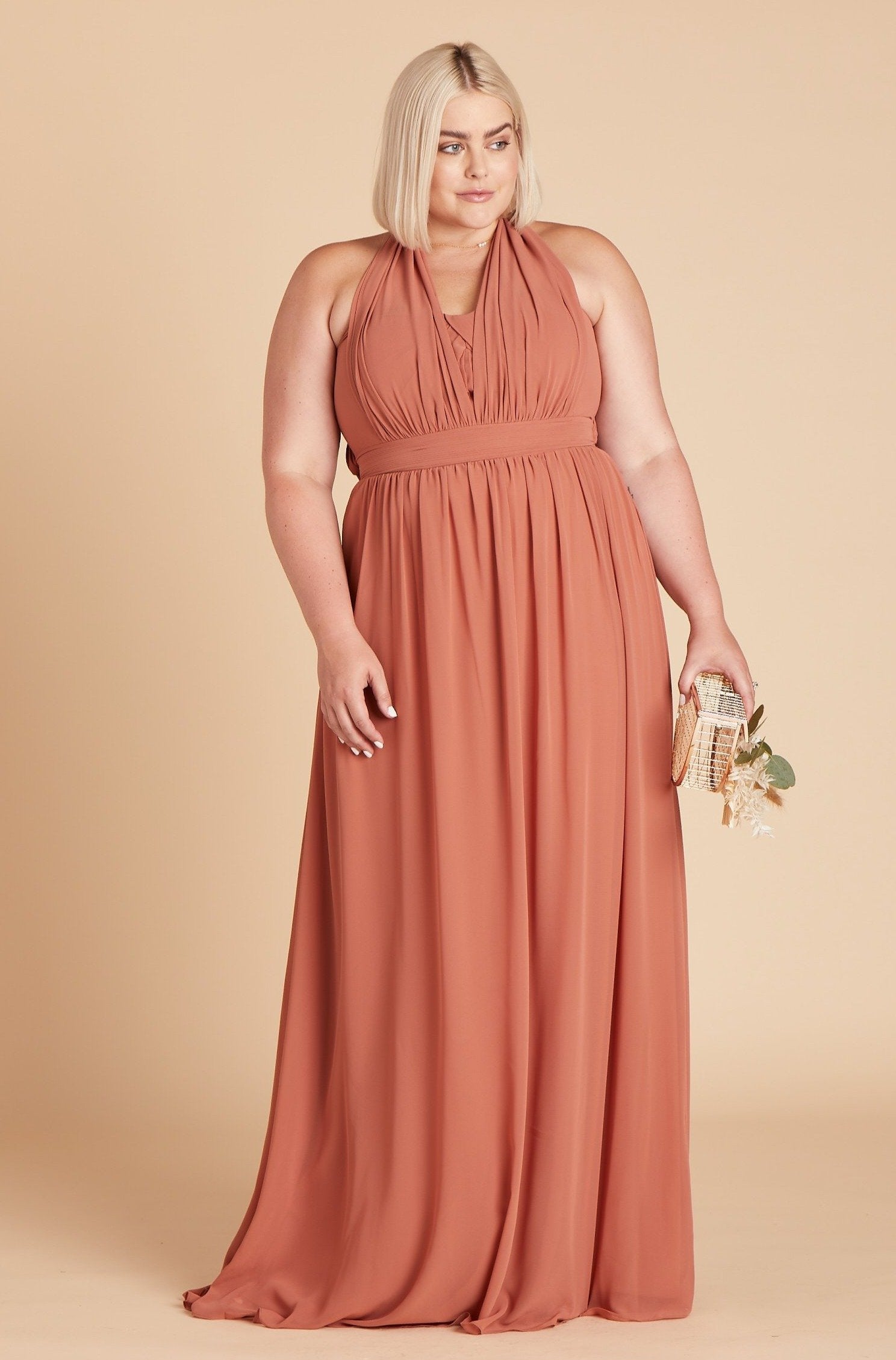 Grace convertible plus size bridesmaid dress in terracotta orange chiffon by Birdy Grey, front view