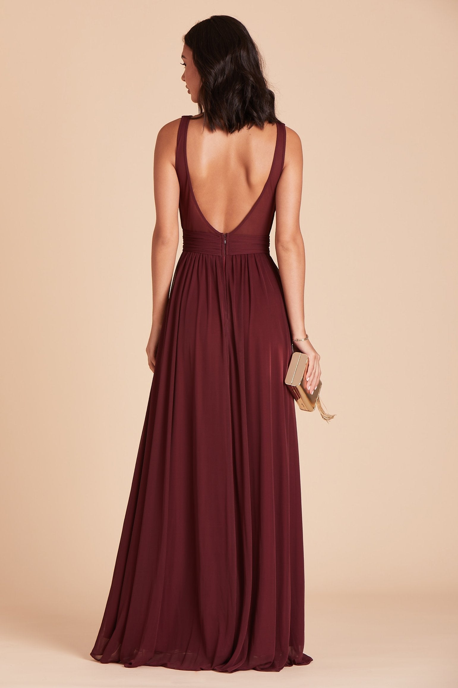 Jan bridesmaids dress in cabernet burgundy chiffon by Birdy Grey, back view