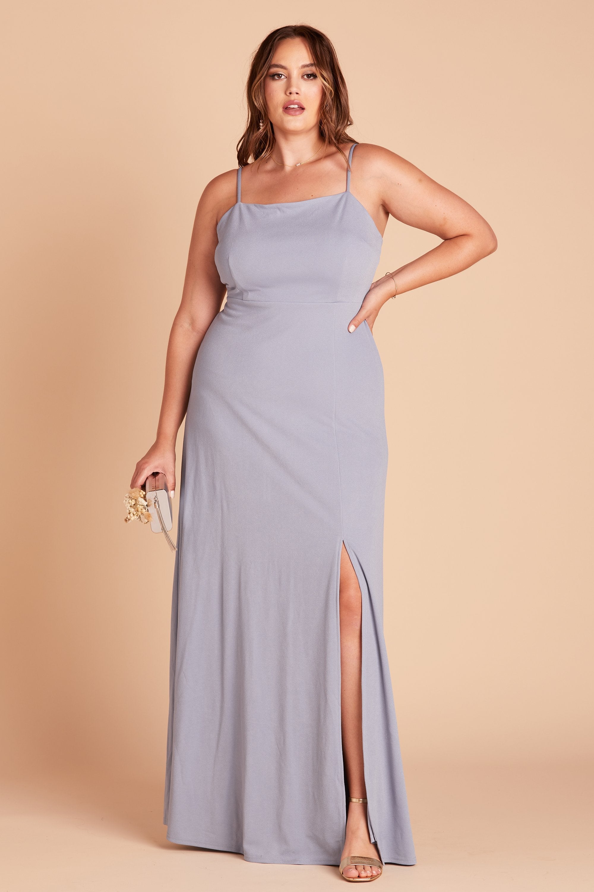 Benny plus size bridesmaid dress with slit in dusty blue crepe by Birdy Grey, front view