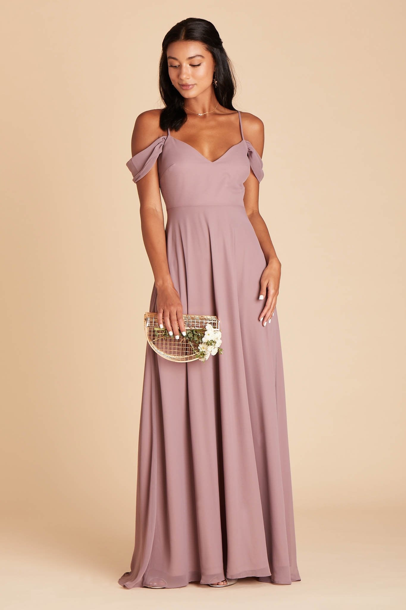 Devin convertible bridesmaid dress in dark mauve chiffon by Birdy Grey, front view