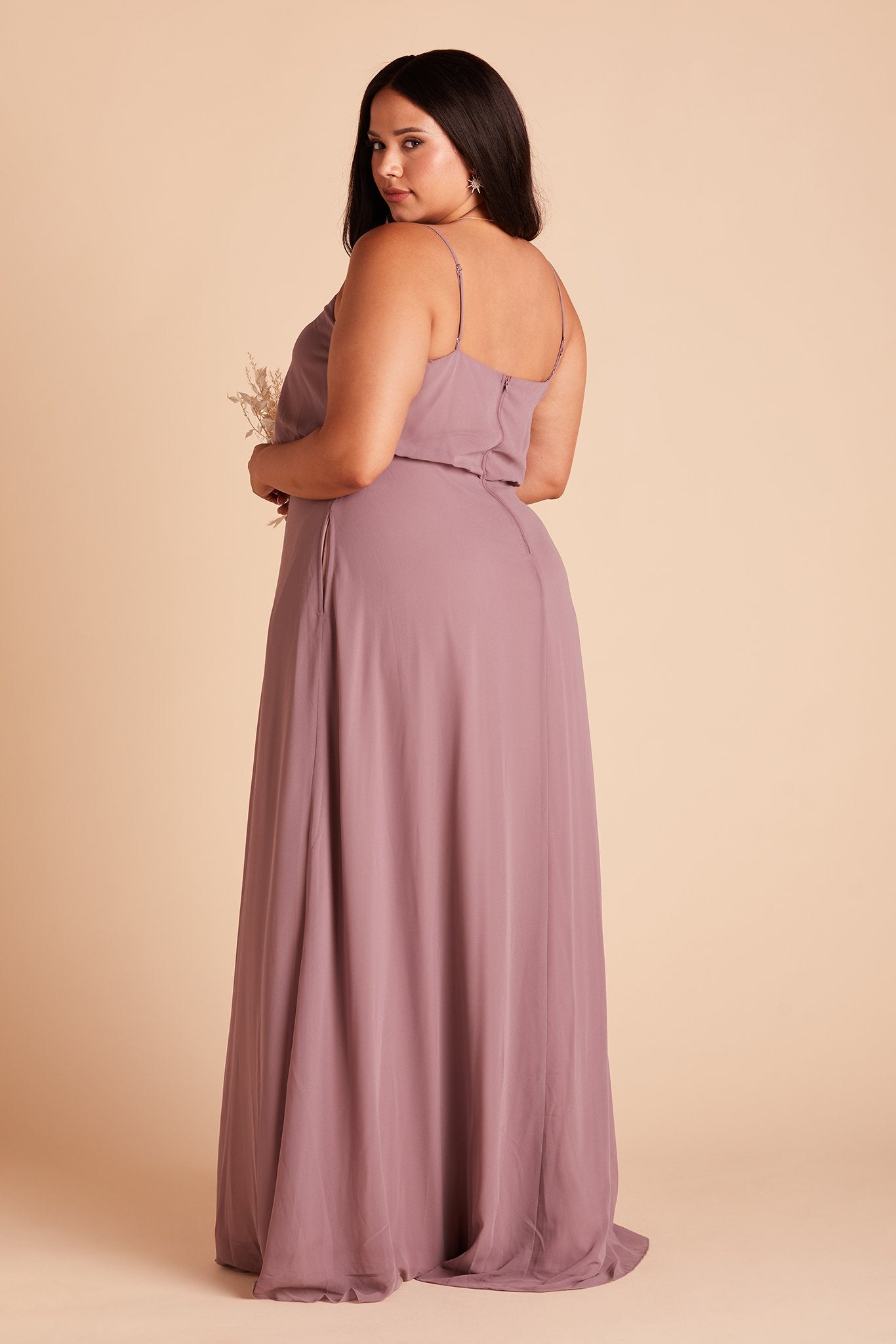 Gwennie plus size bridesmaid dress in dark mauve chiffon by Birdy Grey, side view