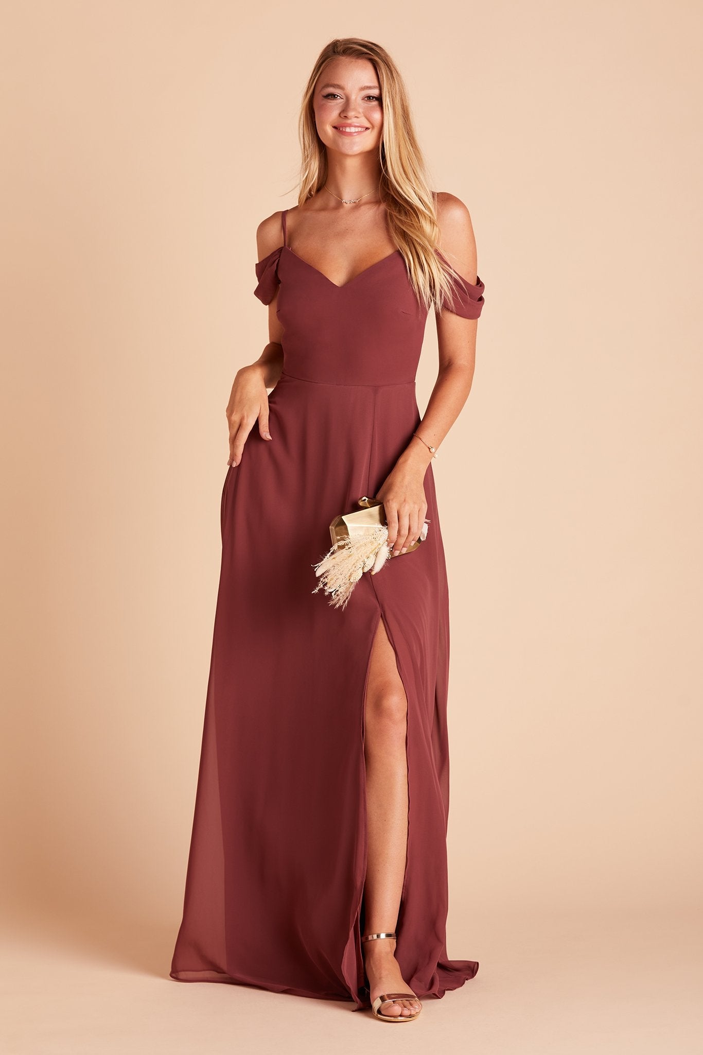 Devin convertible bridesmaids dress with slit in rosewood chiffon by Birdy Grey, front view with hand in pocket