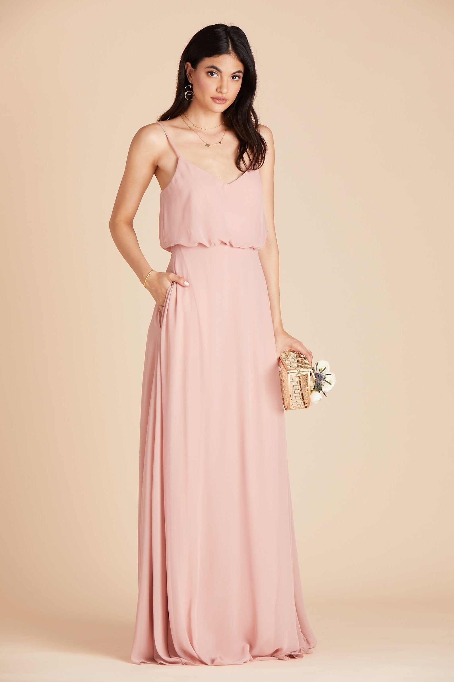 Gwennie bridesmaid dress in dusty rose chiffon by Birdy Grey, front view with hand in pocket