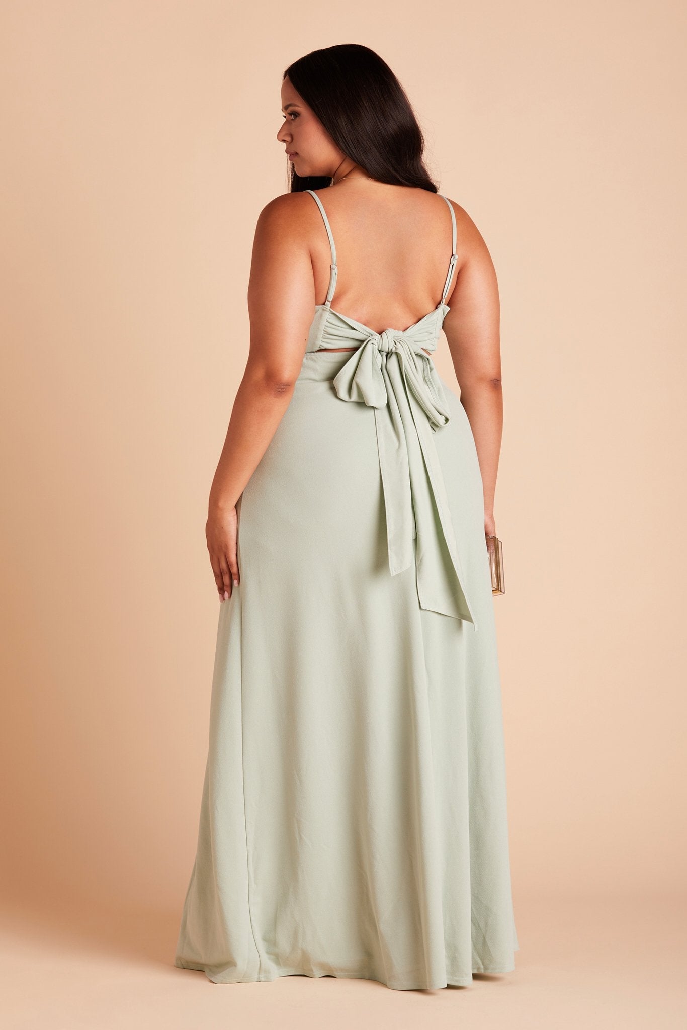 Benny plus size bridesmaid dress in sage green crepe by Birdy Grey, back view