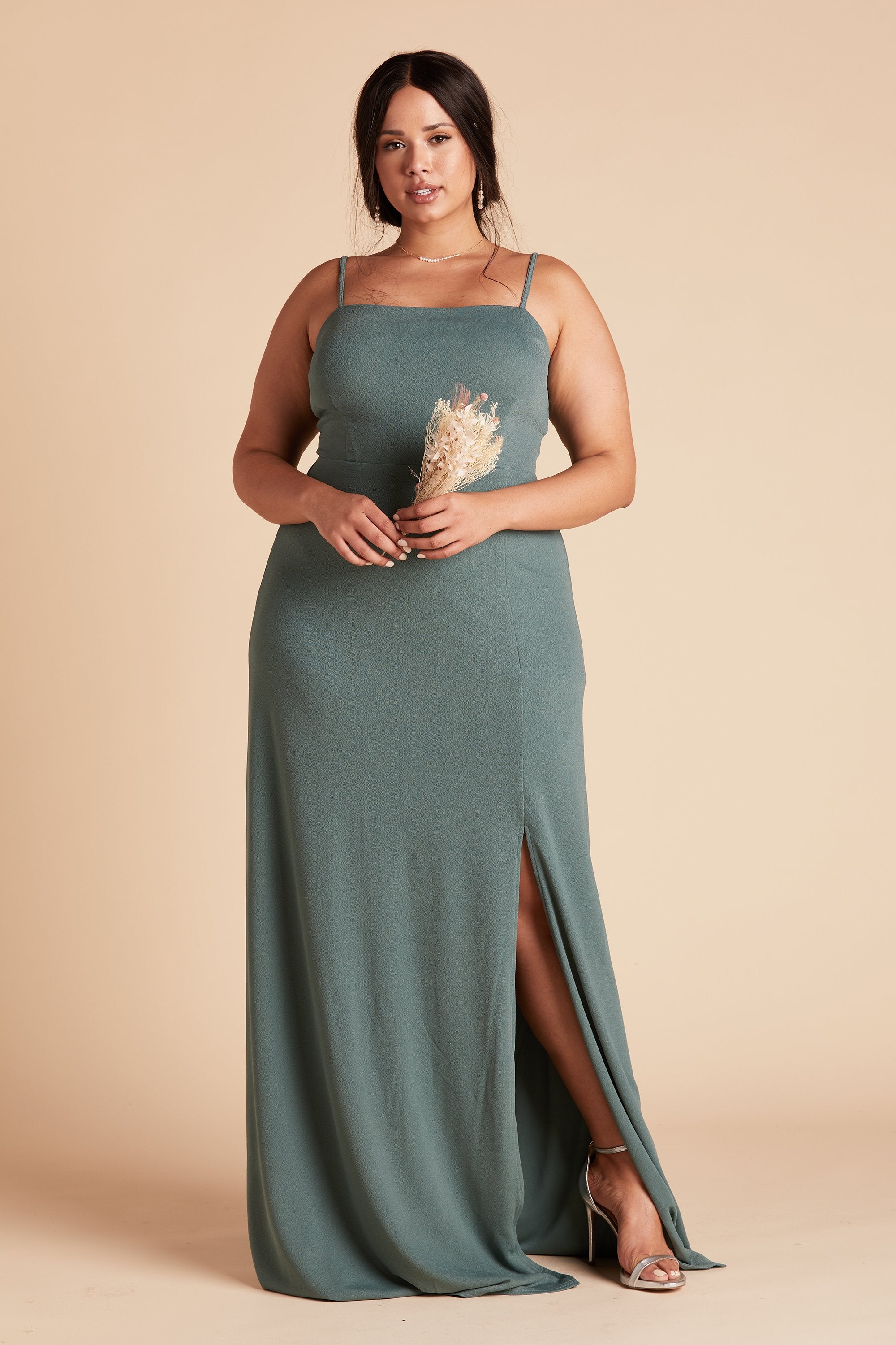 Benny plus size bridesmaid dress with slit in sea glass green chiffon by Birdy Grey, front view