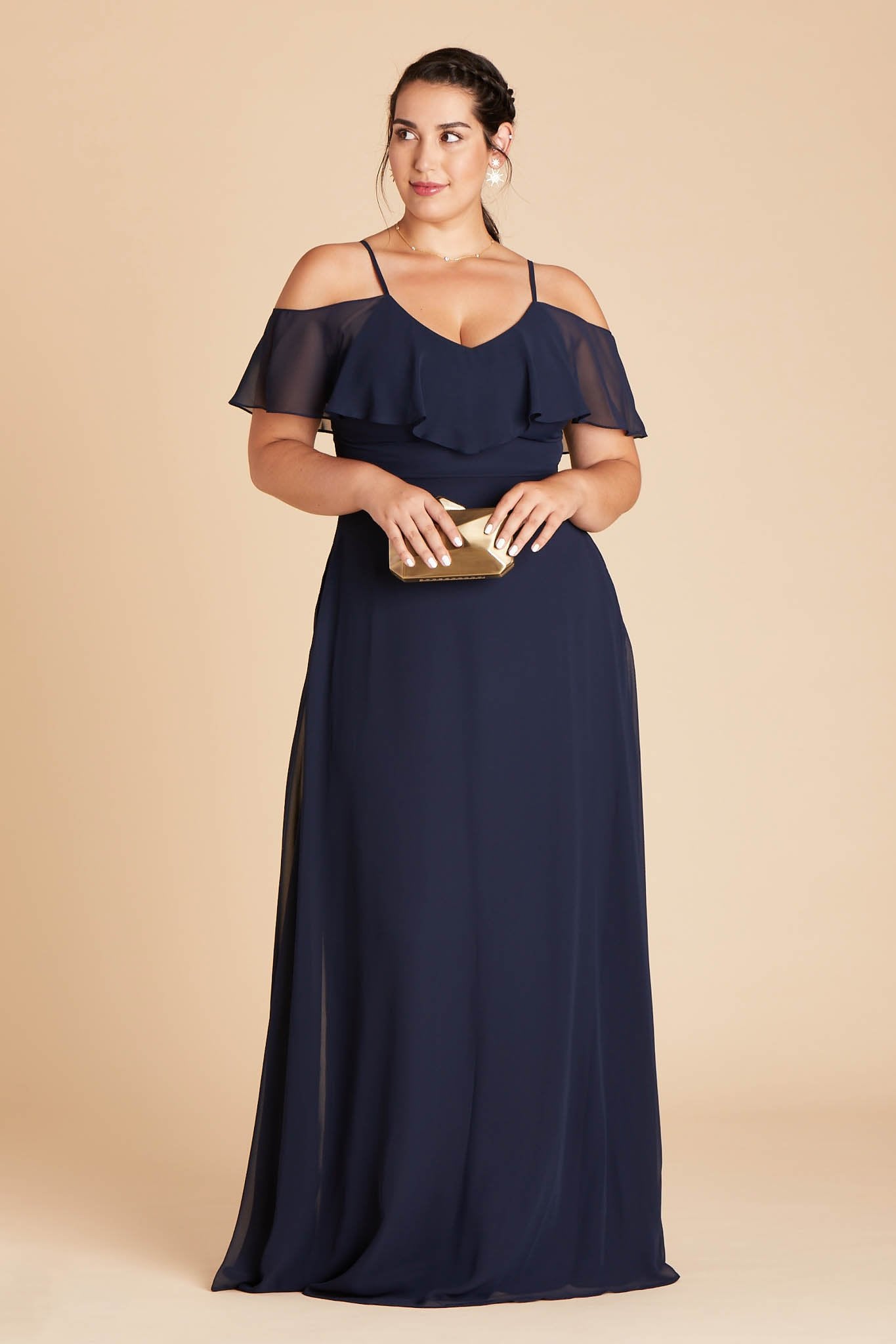 Jane convertible plus size bridesmaid dress in navy blue chiffon by Birdy Grey, front view