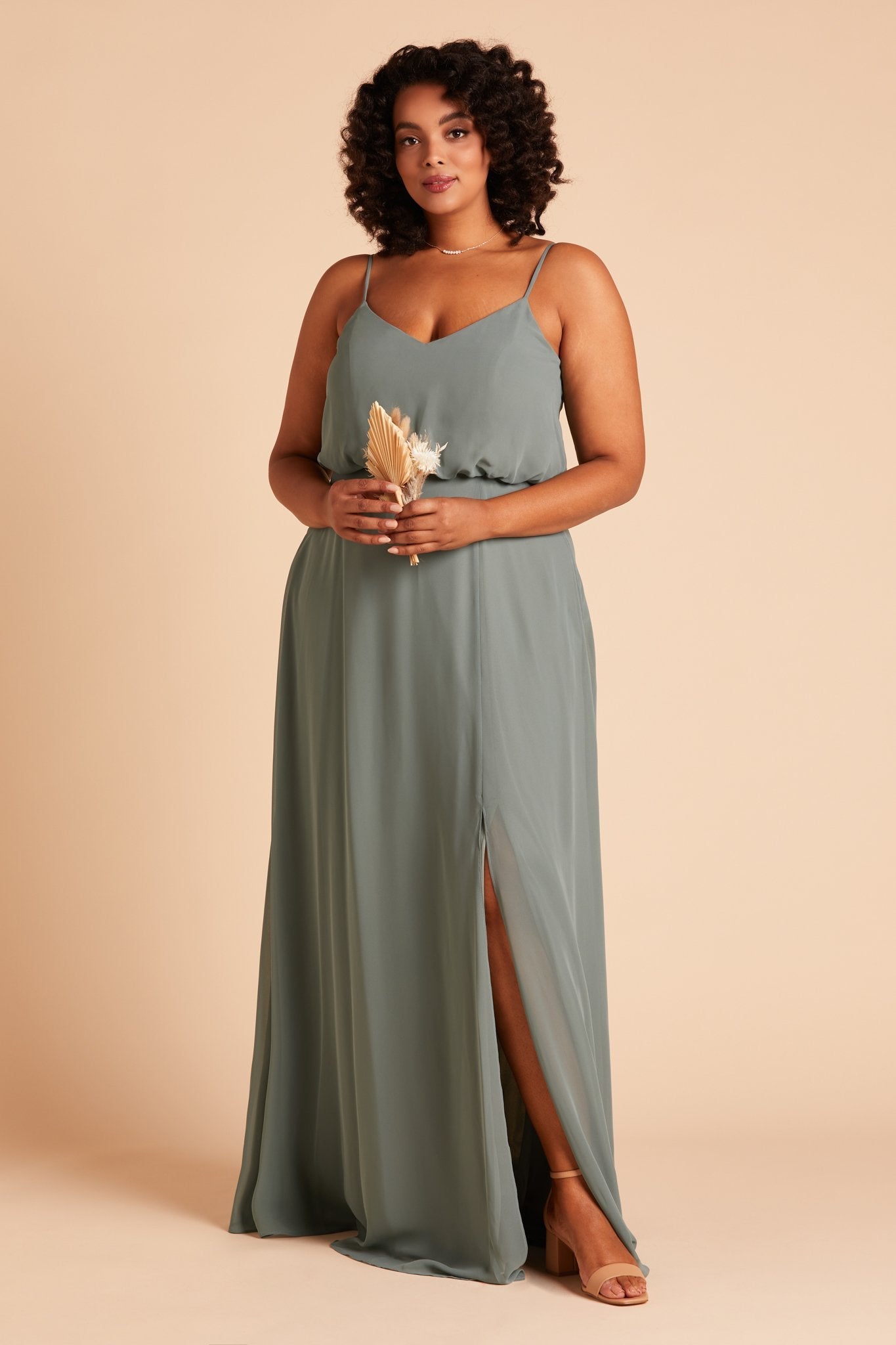 Gwennie plus size bridesmaid dress with slit in sea glass green chiffon by Birdy Grey, front view