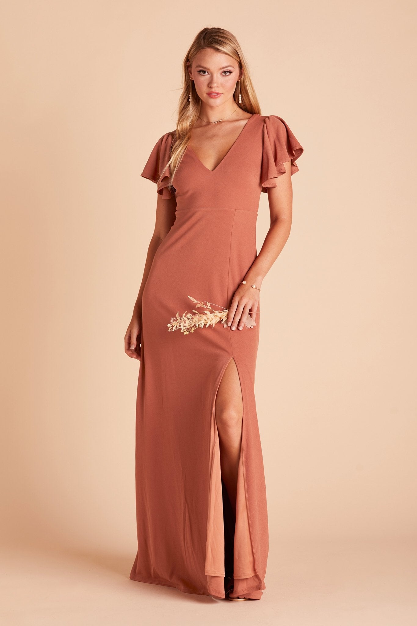 Hannah bridesmaid dress with slit in terracotta crepe by Birdy Grey, front view