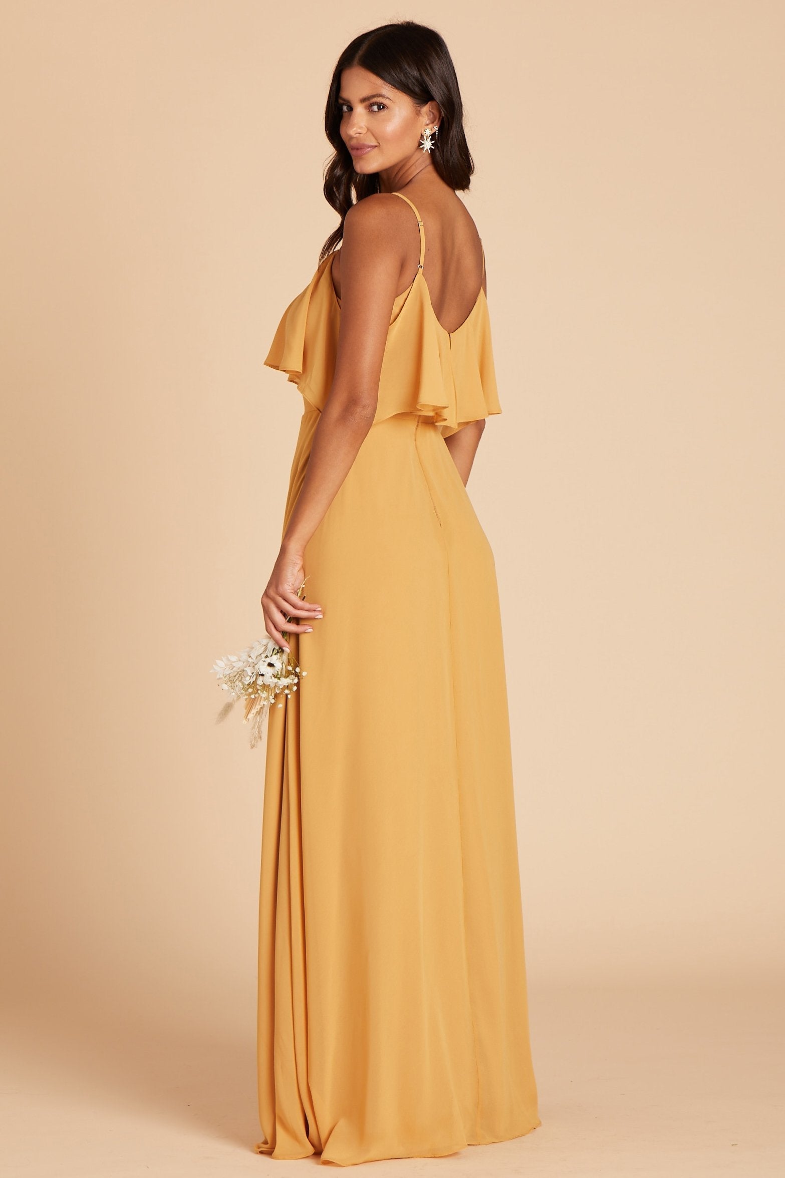 Jane convertible bridesmaid dress in marigold chiffon by Birdy Grey, side view