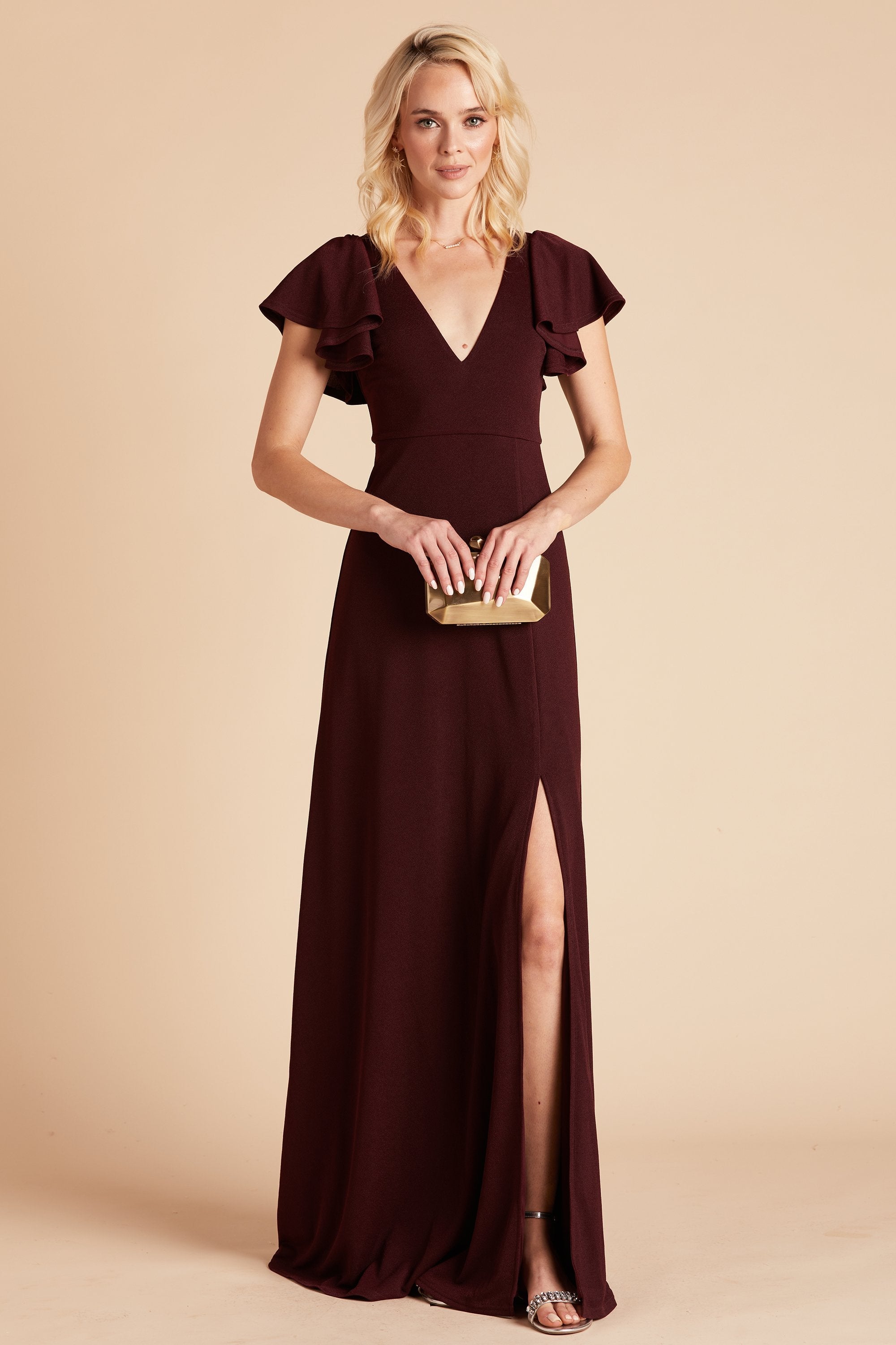 Hannah bridesmaid dress with slit in cabernet burgundy crepe by Birdy Grey, front view