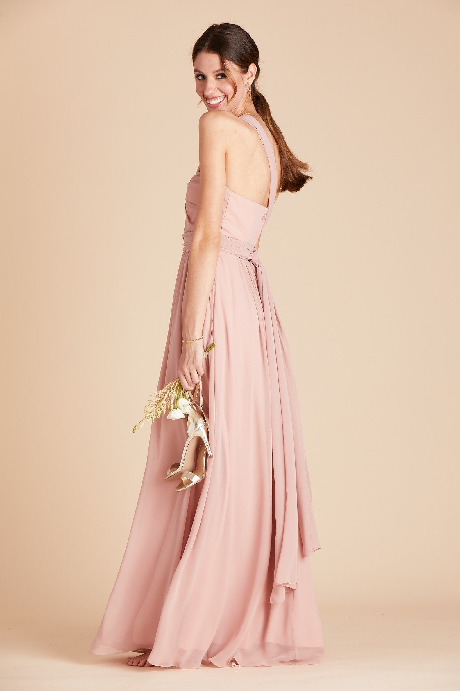 Grace convertible bridesmaid dress in rose quartz pink chiffon by Birdy Grey, side view