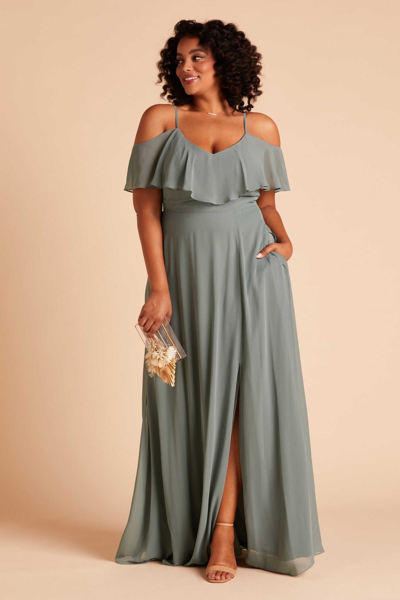 Jane convertible plus size bridesmaid dress with slit in sea glass green chiffon by Birdy Grey, front view