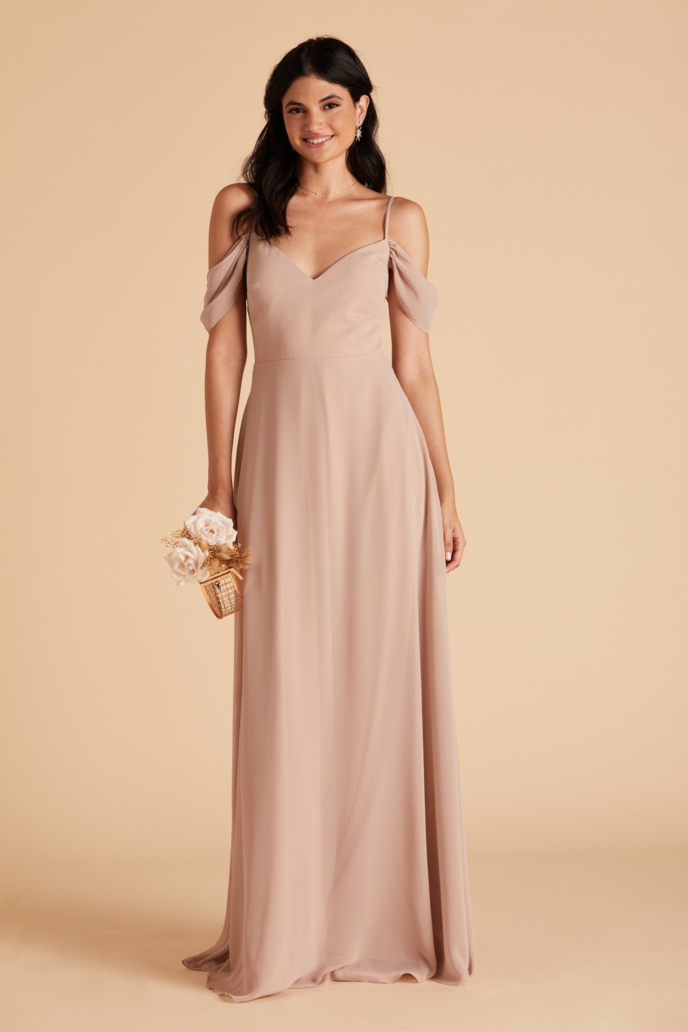 Devin convertible bridesmaids dress in taupe chiffon by Birdy Grey, front view