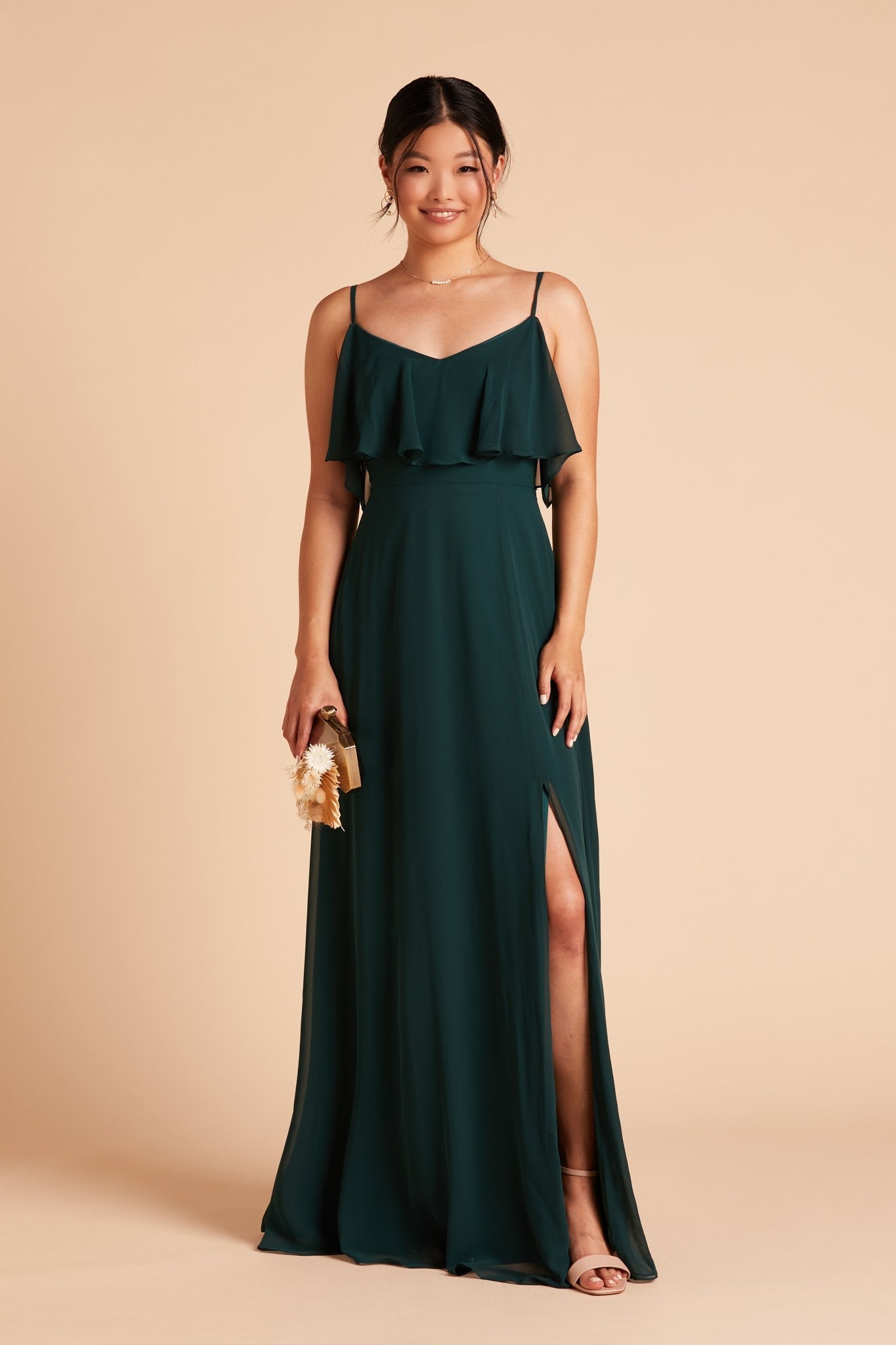 Jane convertible bridesmaid dress with slit in emerald green chiffon by Birdy Grey, front view