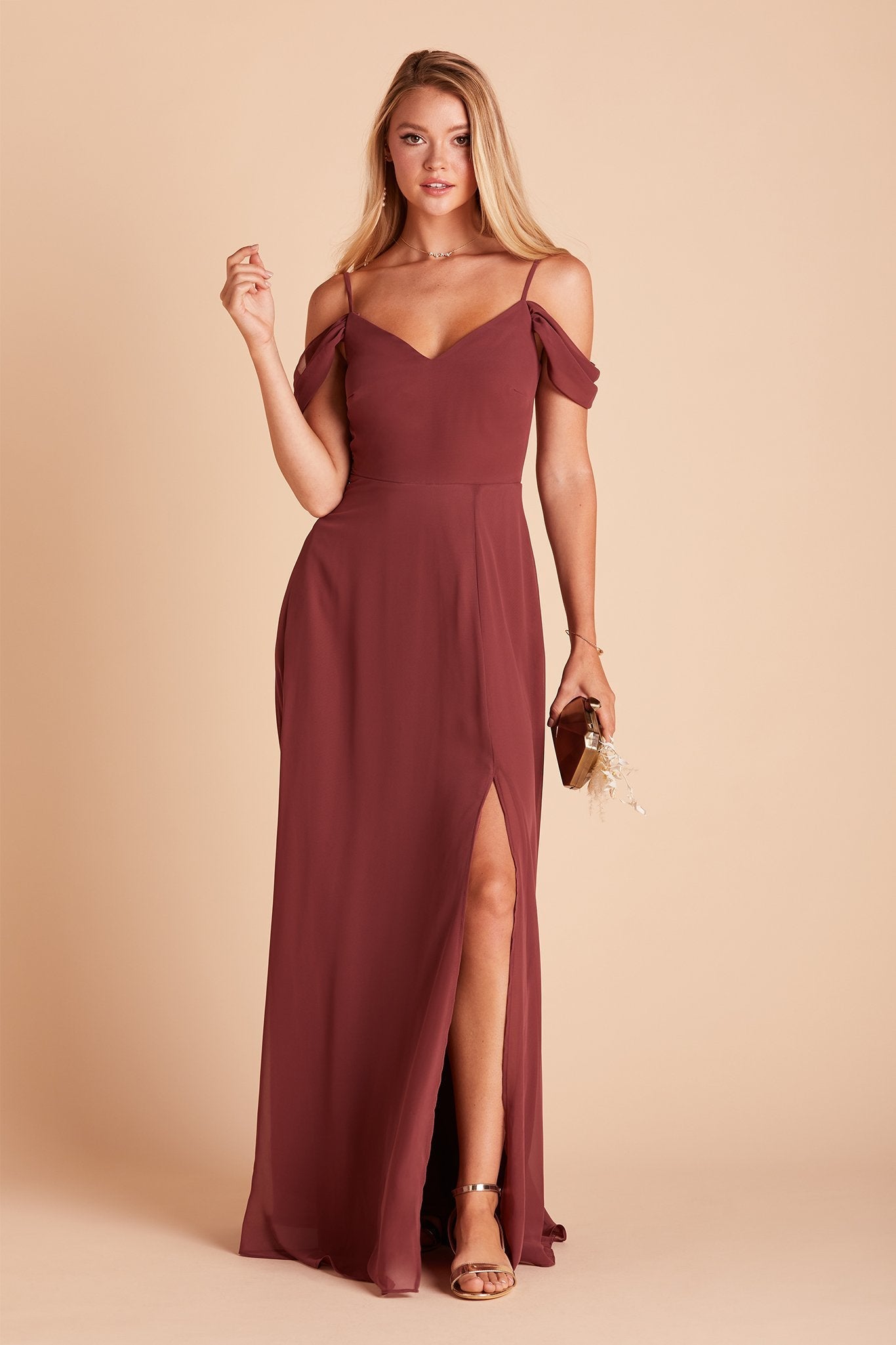 Devin convertible bridesmaids dress with slit in rosewood chiffon by Birdy Grey, front view