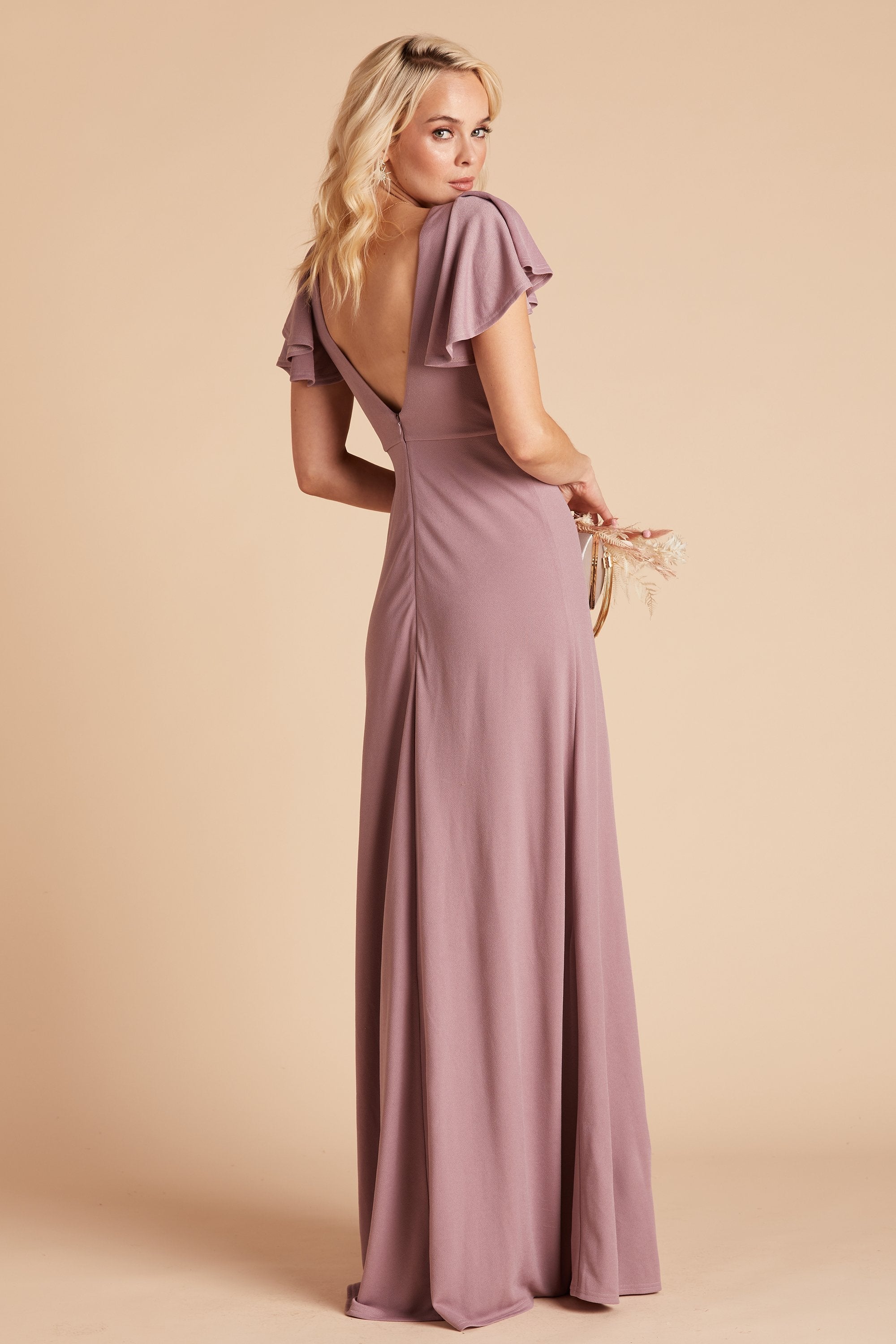 Hannah bridesmaid dress with slit in dark mauve chiffon by Birdy Grey, side view