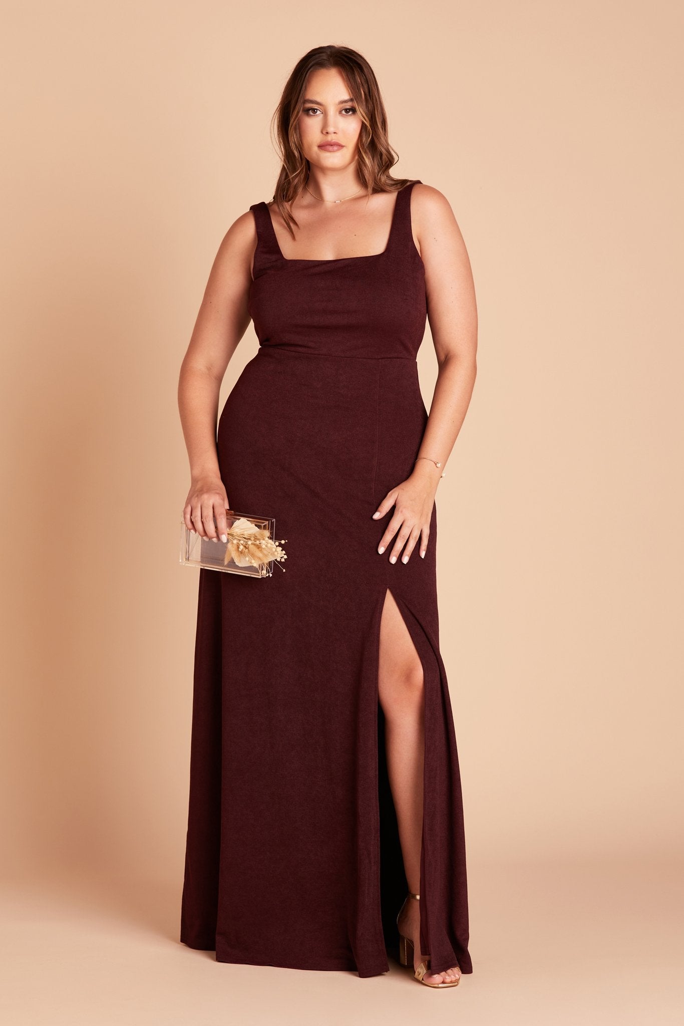 Alex convertible plus size bridesmaid dress with slit in cabernet burgundy crepe by Birdy Grey, front view