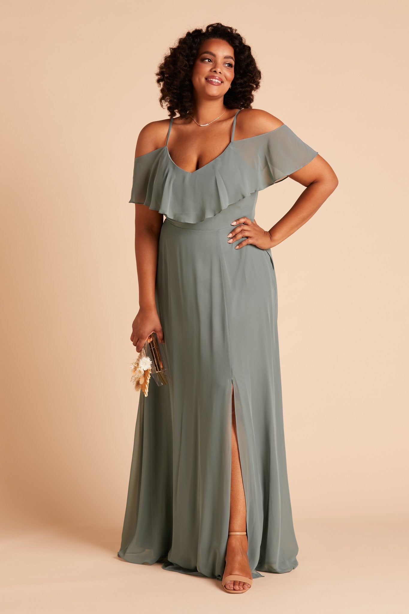 Jane convertible plus size bridesmaid dress with slit in sea glass green chiffon by Birdy Grey, front view