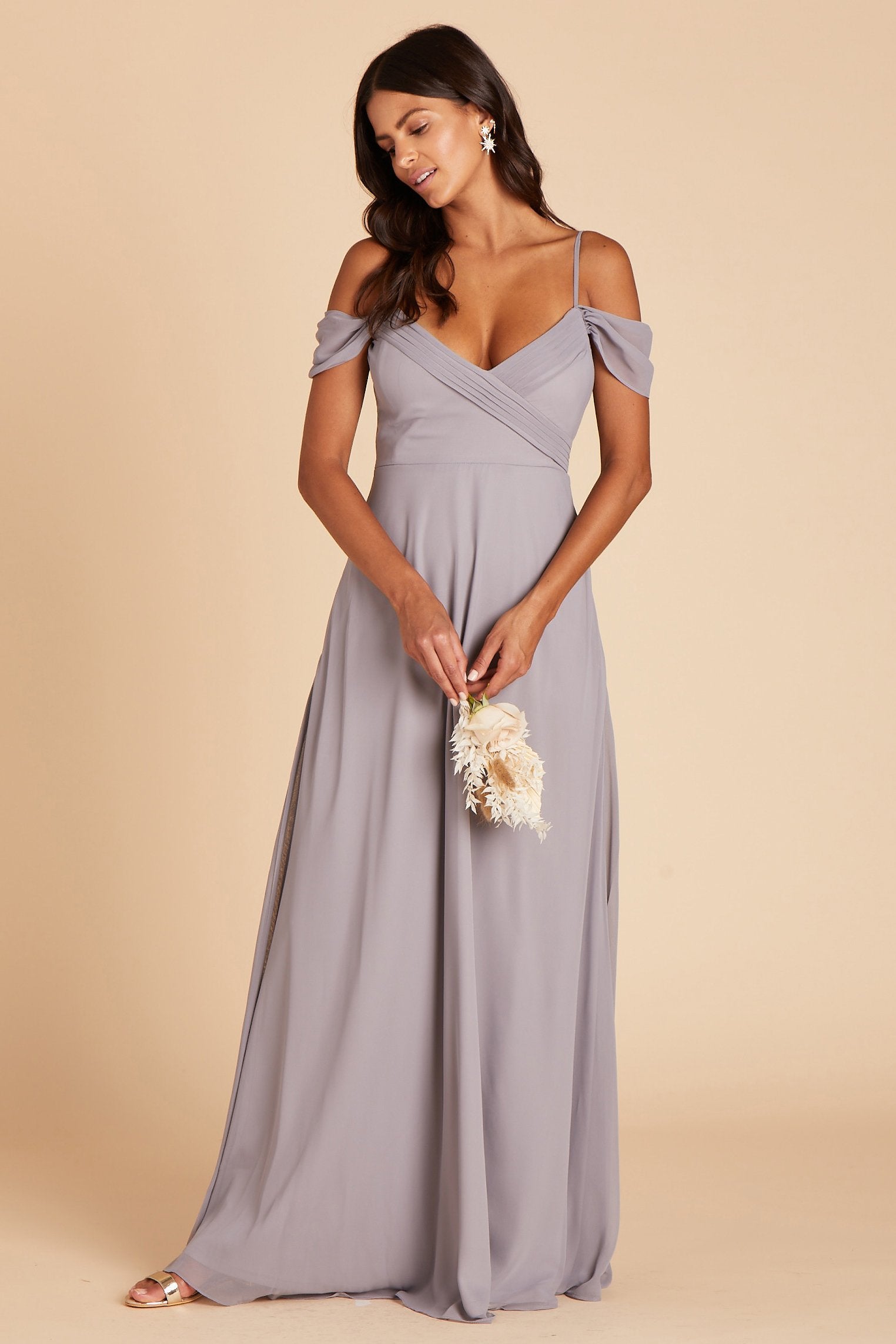 Spence convertible bridesmaids dress in silver chiffon by Birdy Grey, front view