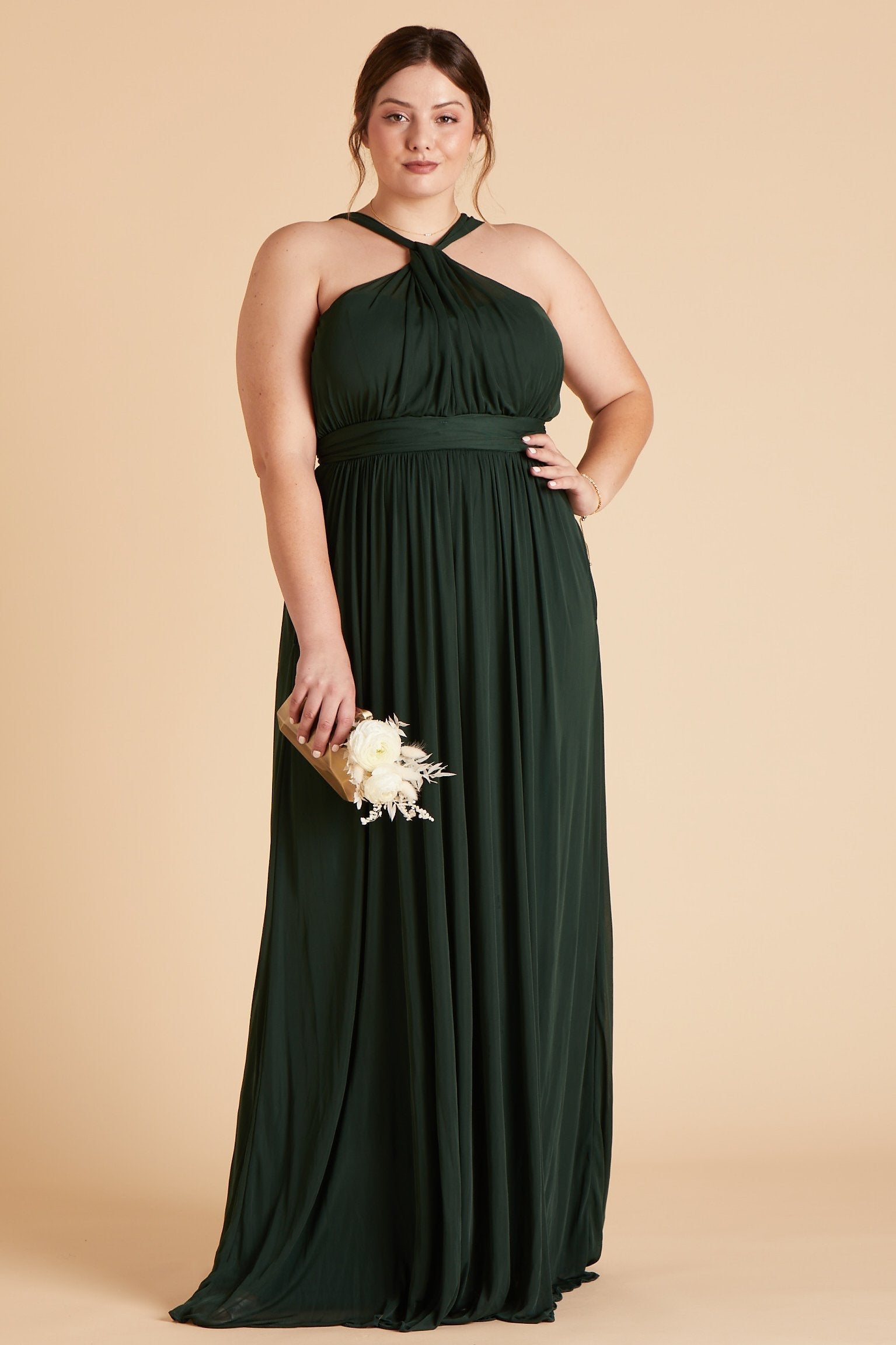 Kiko plus size bridesmaid dress in emerald green chiffon by Birdy Grey, front view