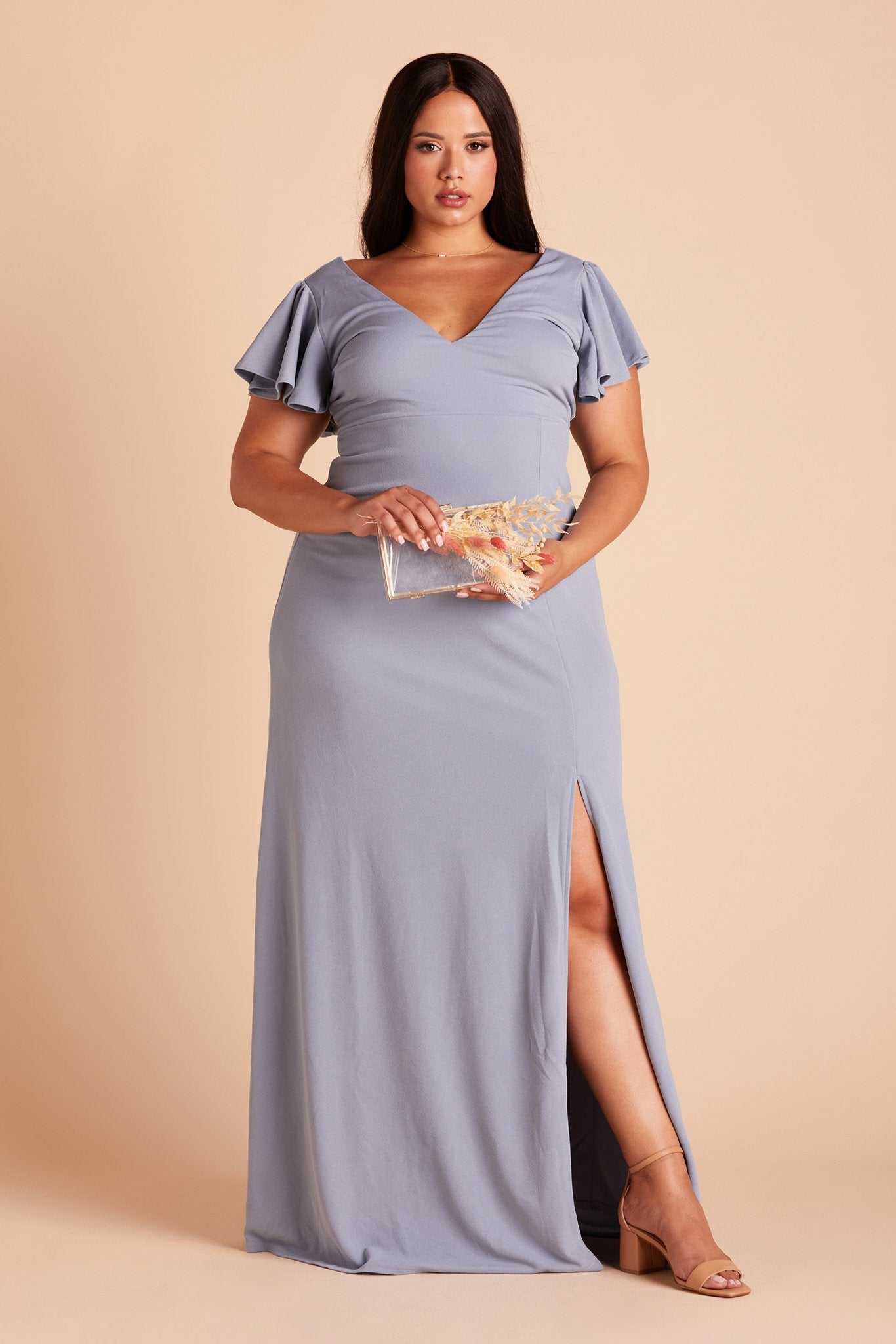 Hannah plus size bridesmaid dress with slit in dusty blue crepe by Birdy Grey, front view