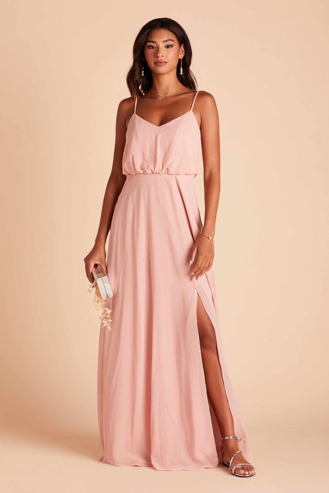 Gwennie bridesmaid dress with slit in dusty rose chiffon by Birdy Grey, front view